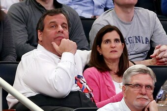 NEW YORK, NY - MARCH 28:  New Jersey Governor Chris Christie and his wife Mary Pat Christie look on during the regional semifinal of the 2014 NCAA Men's Basketball Tournament between the Connecticut Huskies and the Iowa State Cyclones  at Madison Square G