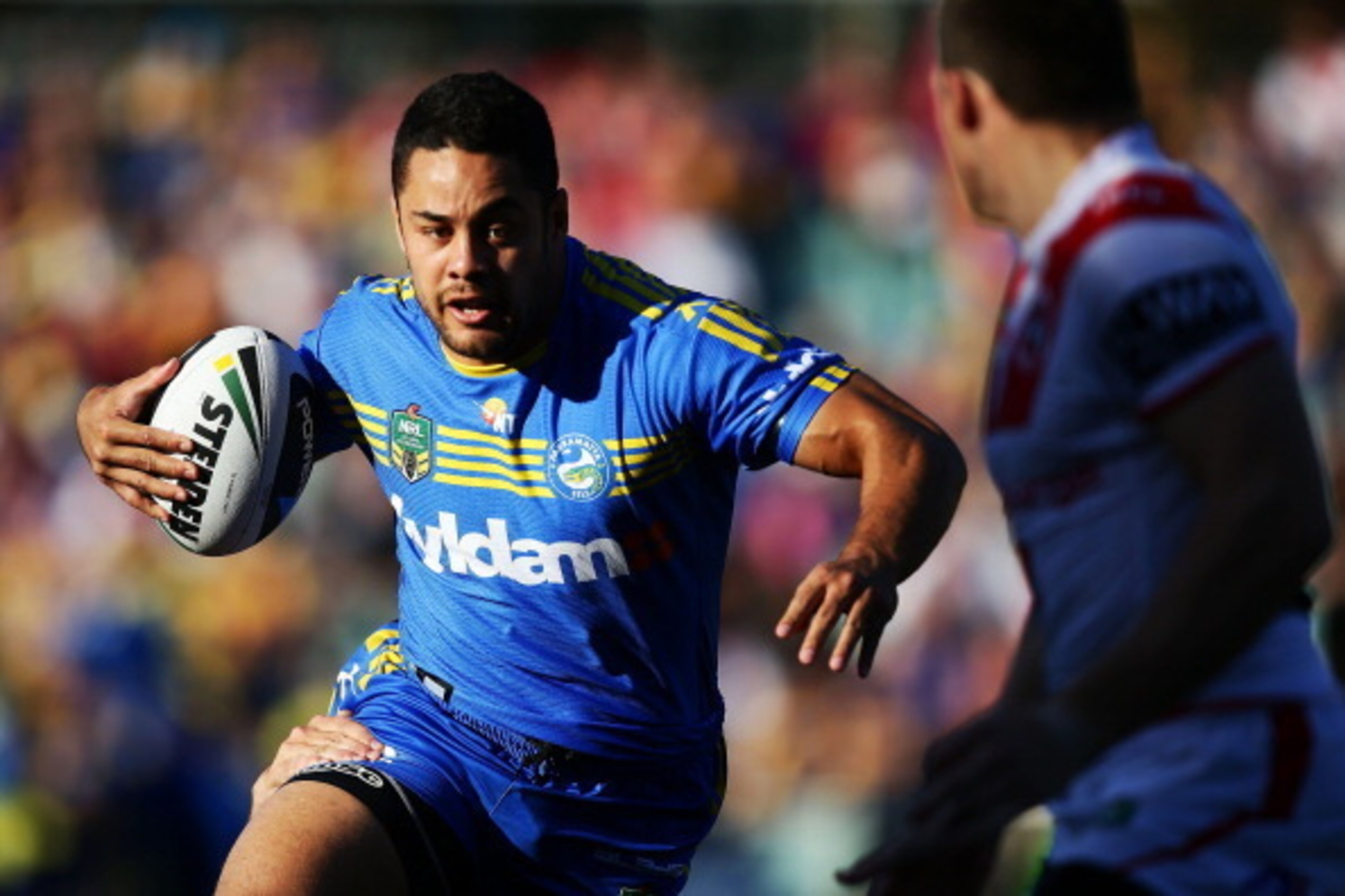 SYDNEY, AUSTRALIA - MAY 17:  Jarryd Hayne of the Eels runs with the ball during the round 10 NRL match between the Parramatta Eels and the St George Illawarra Dragons at Pirtek Stadium on May 17, 2014 in Sydney, Australia.  (Photo by Matt King/Getty Image