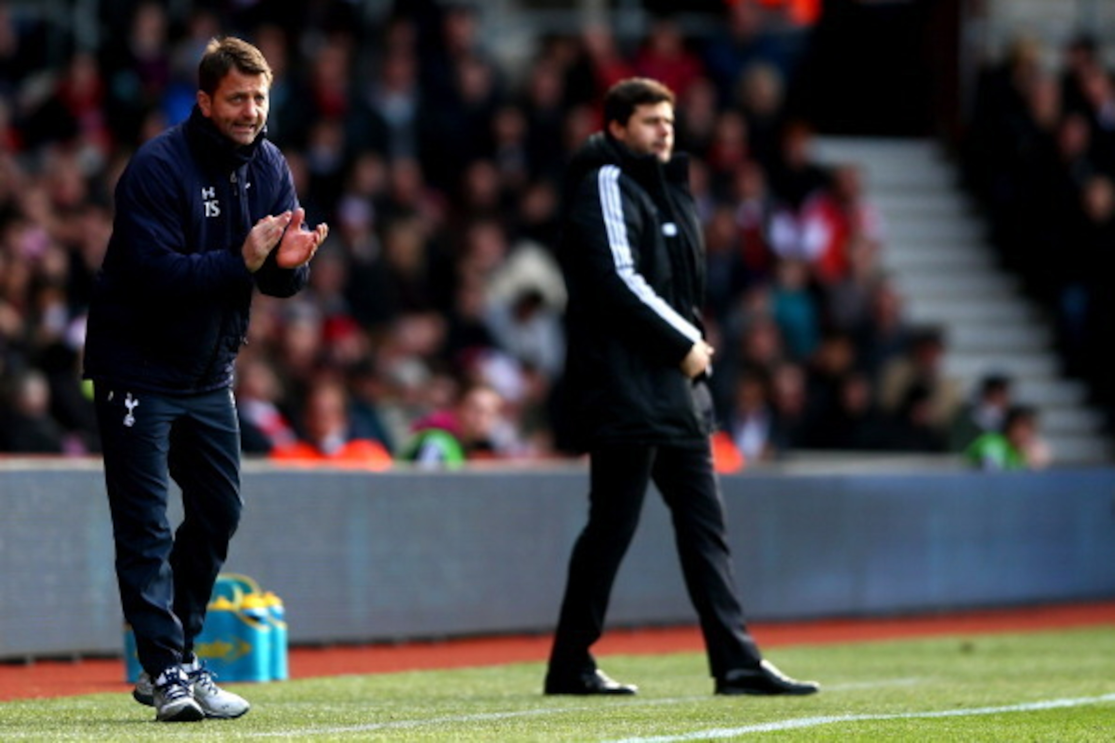 SOUTHAMPTON, ENGLAND - DECEMBER 22: (L-R) Tim Sherwood the Spurs interim manager directs his players as Mauricio Pochettino the Southampton manager looks on during the Barclays Premier League match between Southampton and Tottenham Hotspur at St Mary's S SOUTHAMPTON, ENGLAND - DECEMBER 22: (L-R) Tim Sherwood the Spurs interim manager directs his players as Mauricio Pochettino the Southampton manager looks on during the Barclays Premier League match between Southampton and Tottenham Hotspur at St Mary's S