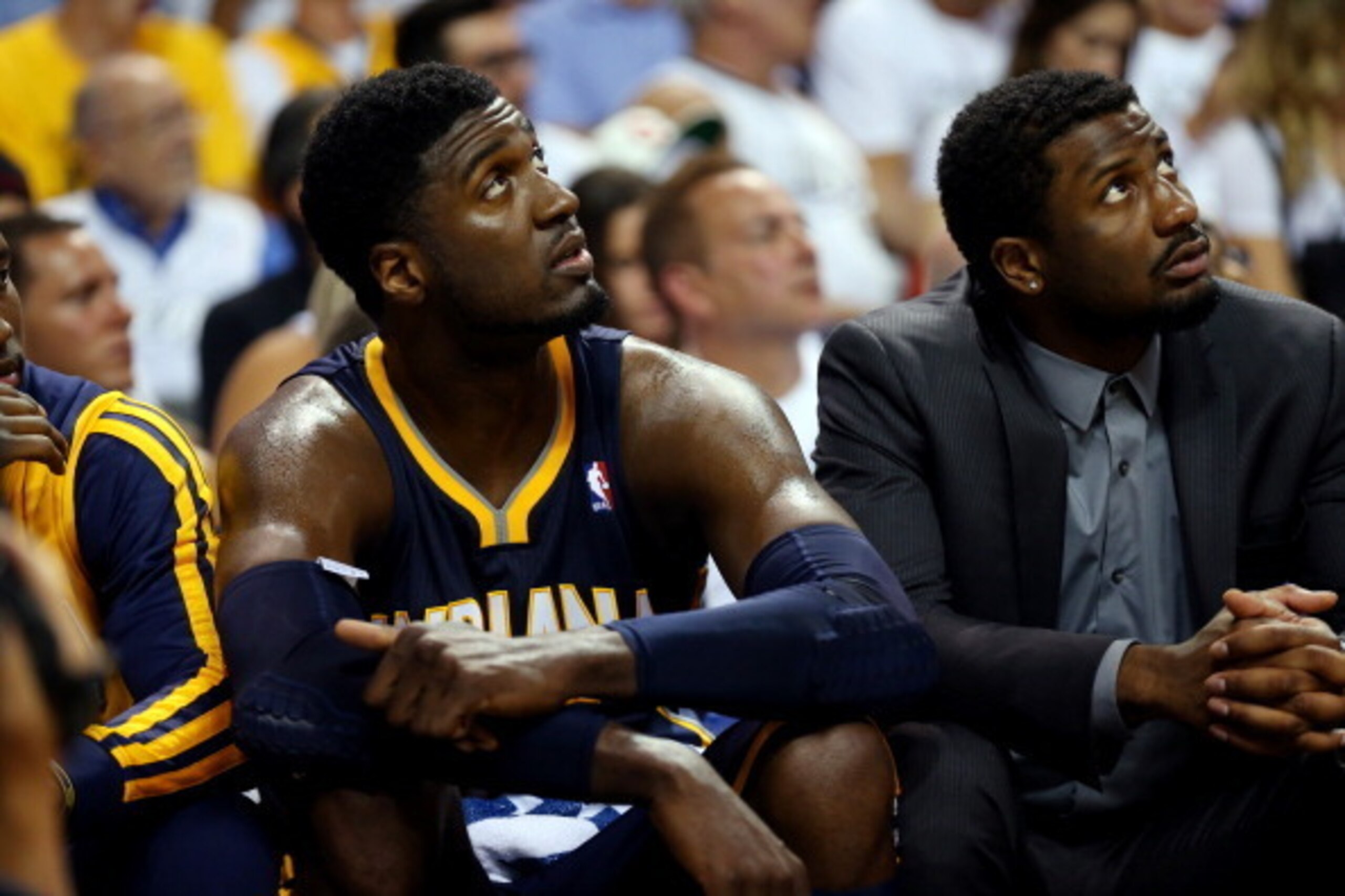 MIAMI, FL - MAY 26:  Roy Hibbert #55 of the Indiana Pacers looks on from the bench against the Miami Heat during Game Four of the Eastern Conference Finals of the 2014 NBA Playoffs at American Airlines Arena on May 26, 2014 in Miami, Florida. NOTE TO USER