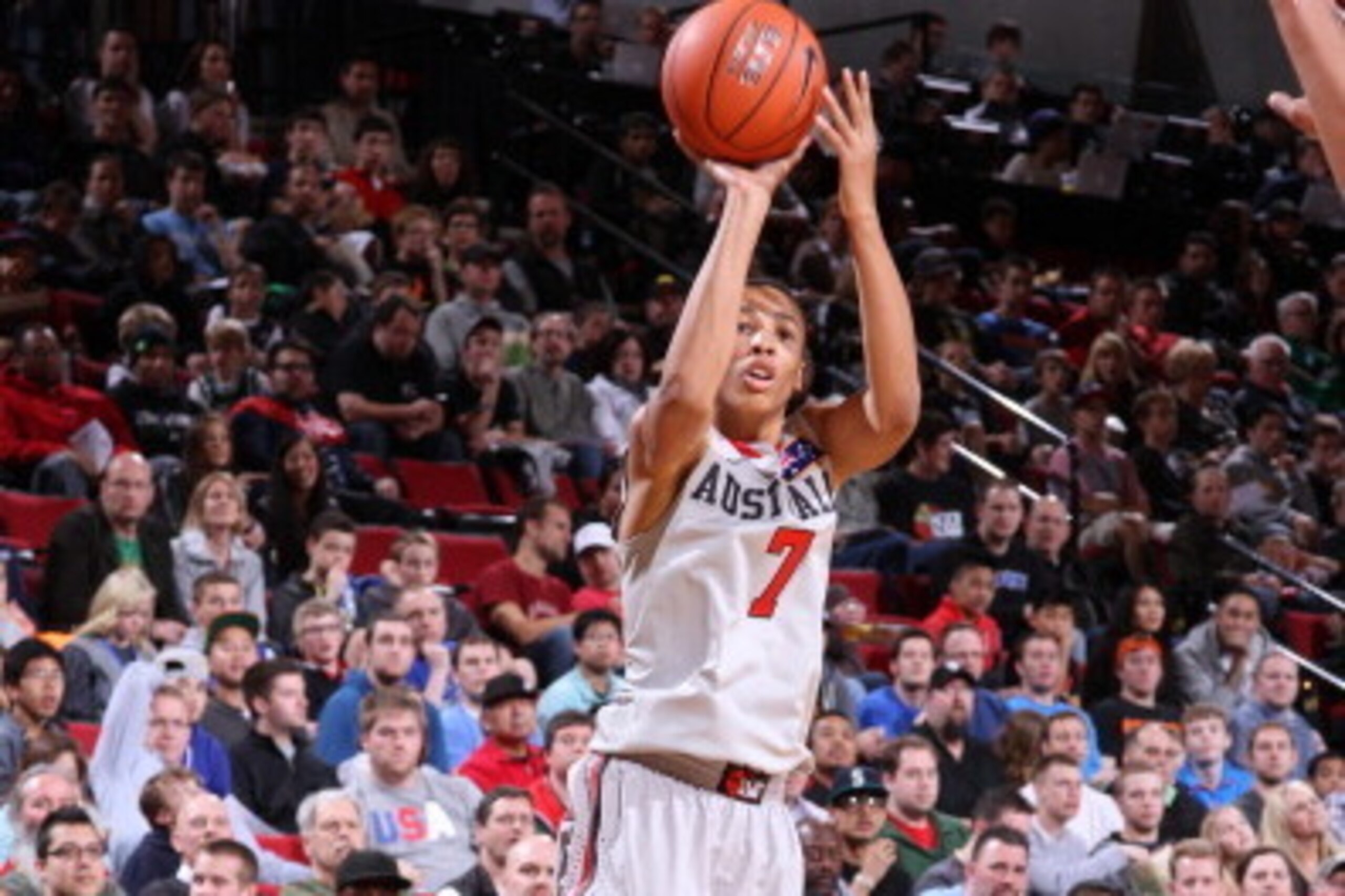 PORTLAND, OR - APRIL 20: Dante Exum #7 of the World Select Team shoots a three pointer against USA Junior Select Team during the 2013 Nike Hoop Summit game on April 20, 2013 at the Rose Garden Arena in Portland, Oregon. NOTE TO USER: User expressly acknow