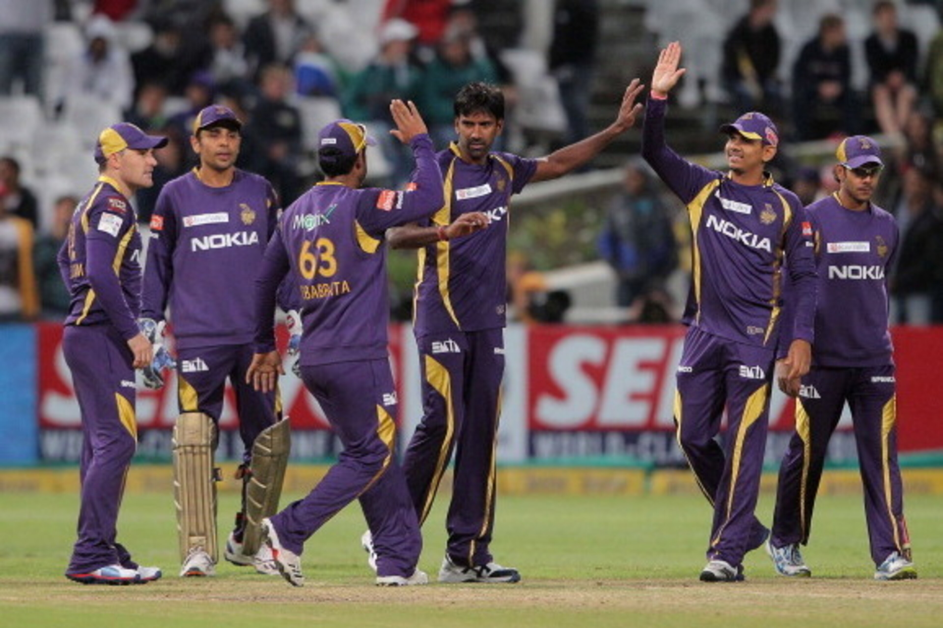CAPE TOWN, SOUTH AFRCA - OCTOBER 21:   Lakshmipathy Balaji of the Kolkata Knight Riders celebrates a wicket during the Champions league twenty20 match between CLT20 Kolkata Knight Riders v Nashua Titans at Sahara Park Newlands on October 21, 2012 in Cape 