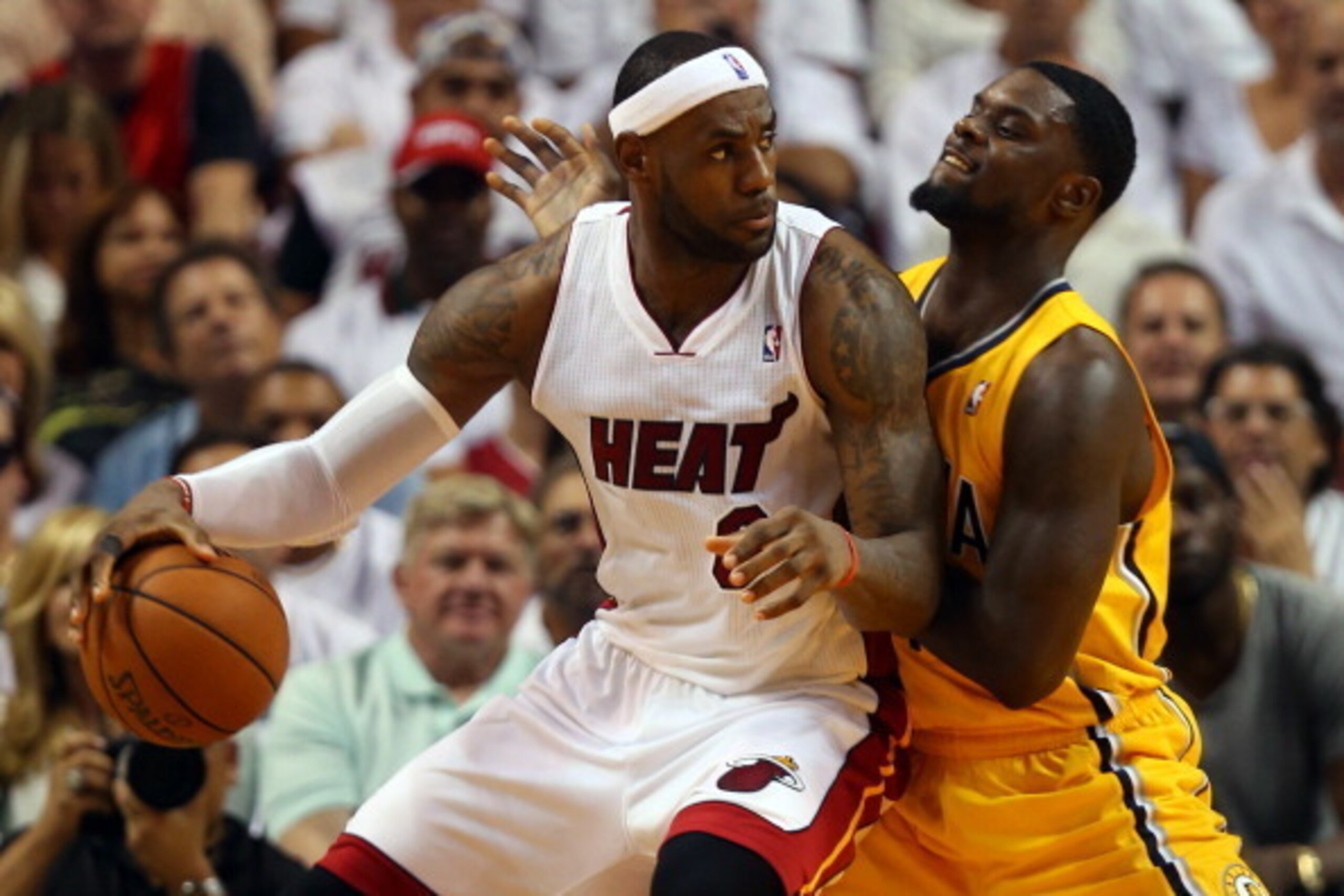MIAMI, FL - MAY 24:  LeBron James #6 of the Miami Heat drives to the basket against Lance Stephenson #1 of the Indiana Pacers during Game Three of the Eastern Conference Finals of the 2014 NBA Playoffs at American Airlines Arena on May 24, 2014 in Miami, 