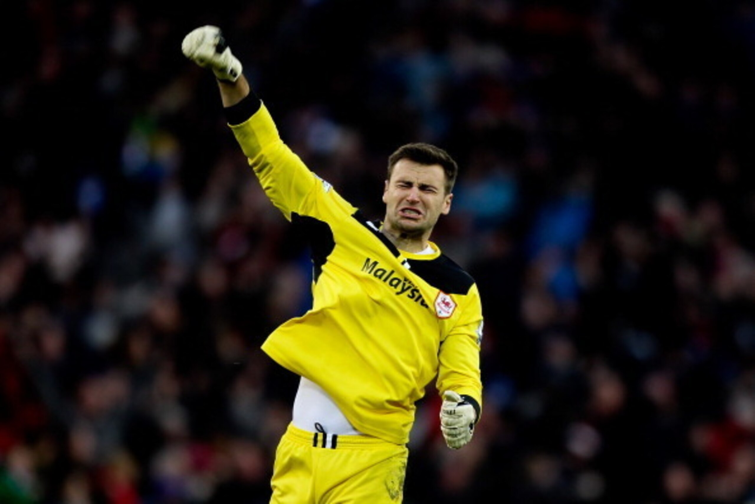 CARDIFF, WALES - FEBRUARY 01: David Marshall of Cardiff celebrates after team mate Kenwyne-Jones scores his team's second goal of the game during the Barclays Premier League match between Cardiff City and Norwich City at Cardiff City Stadium on February 1