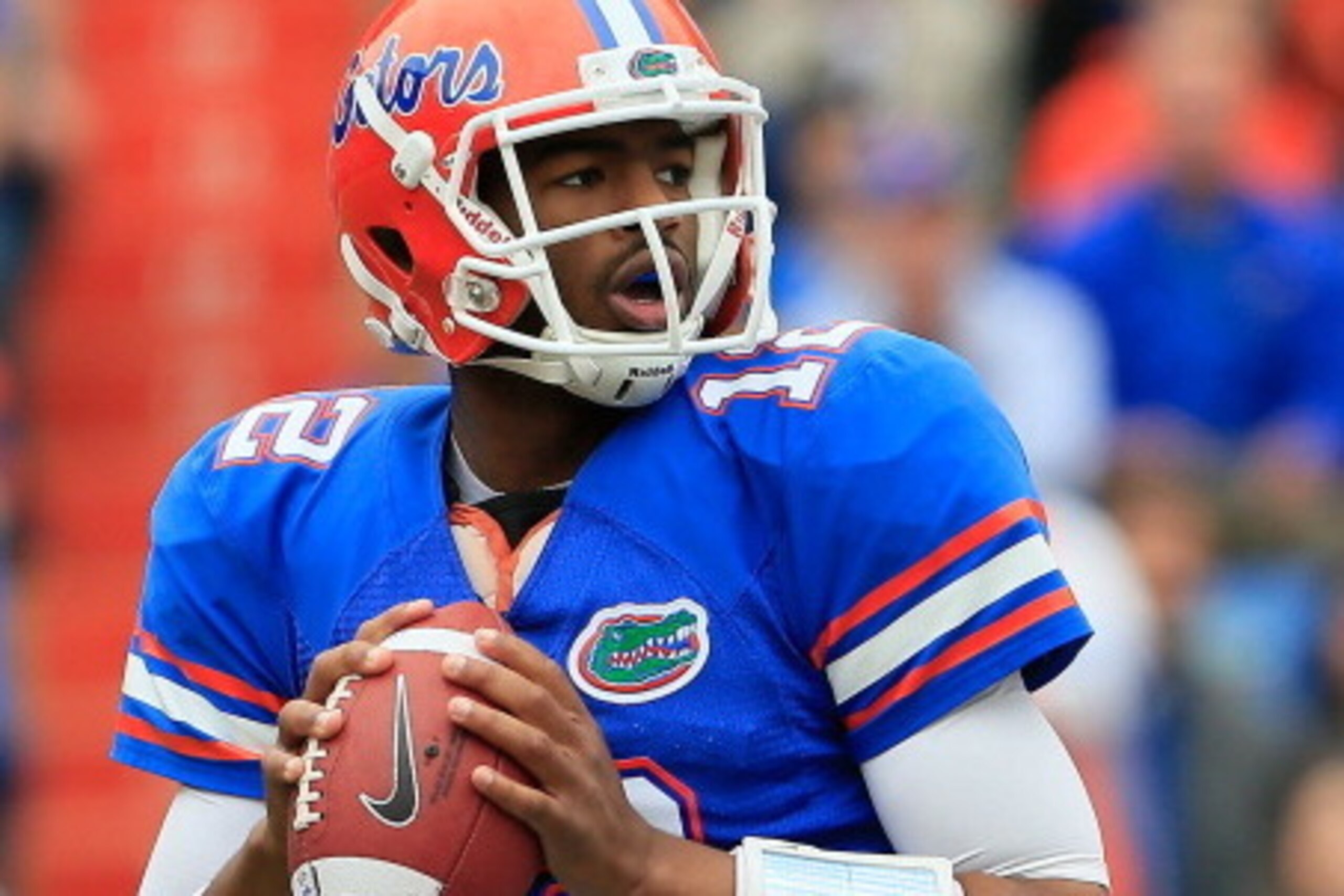 GAINESVILLE, FL - NOVEMBER 17:  Jacoby Brissett #12 of the Florida Gators attempts a pass during the game against the Jacksonville State Gamecocks at Ben Hill Griffin Stadium on November 17, 2012 in Gainesville, Florida.  (Photo by Sam Greenwood/Getty Ima
