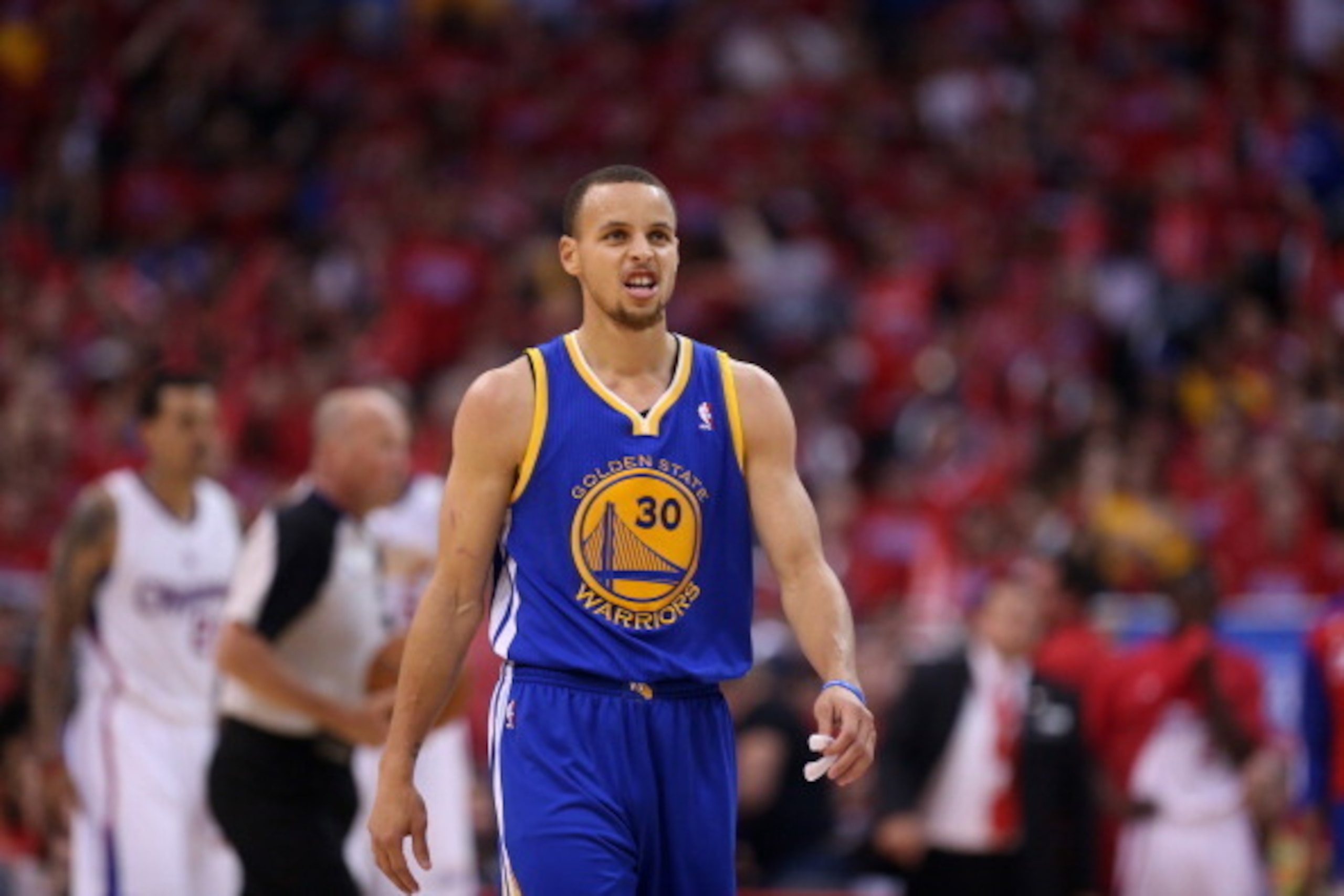 LOS ANGELES, CA - MAY 03:  Stephen Curry #30 of the Golden State Warriors walks on the court against the Los Angeles Clippers in Game Seven of the Western Conference Quarterfinals during the 2014 NBA Playoffs at Staples Center on May 3, 2014 in Los Angele