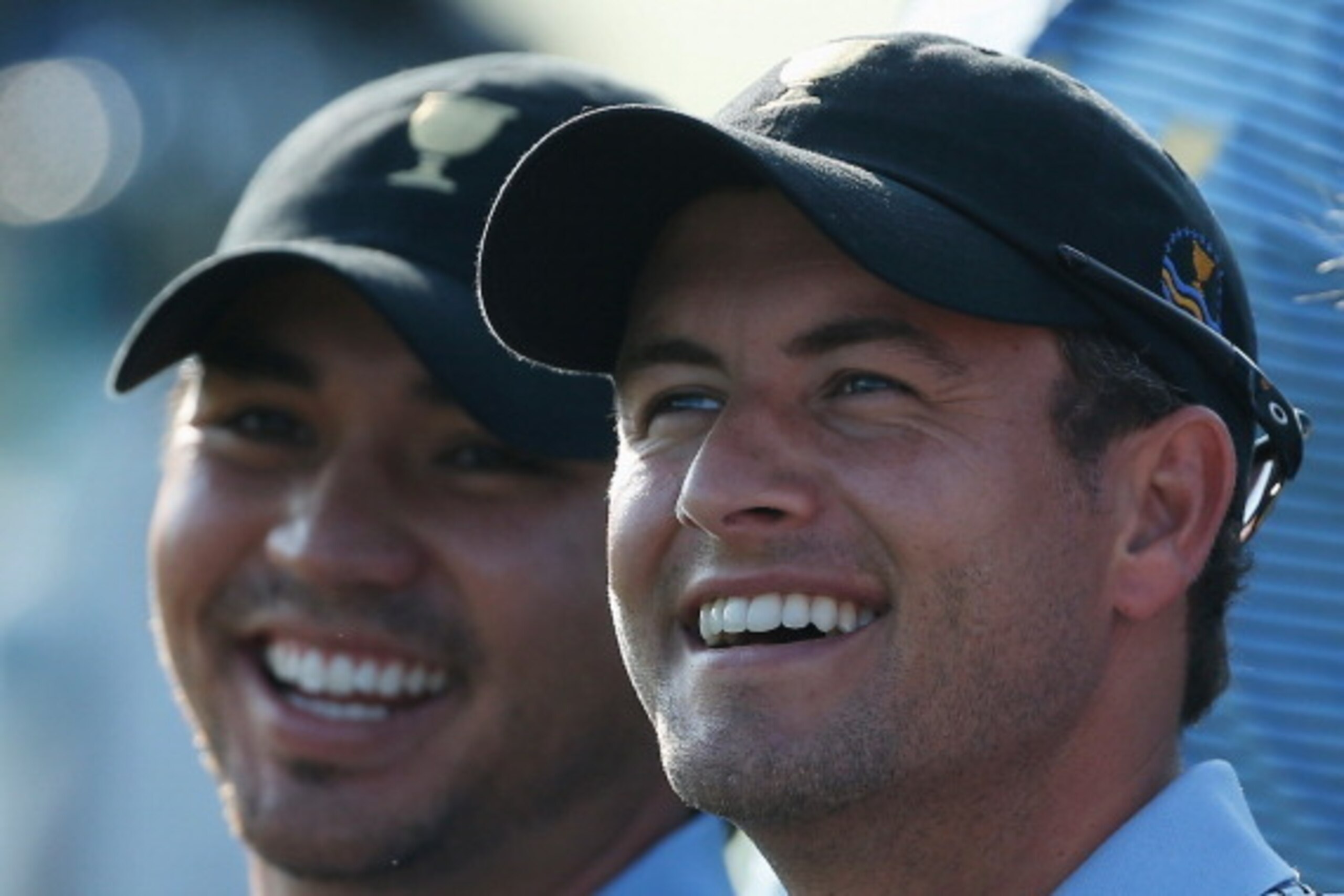 DUBLIN, OH - OCTOBER 01:   Jason Day (L) and Adam Scott of Australia and the International Team pose during a photocall on the practice ground prior to the start of The Presidents Cup at Muirfield Village Golf Course on October 1, 2013 in Dublin, Ohio.  (