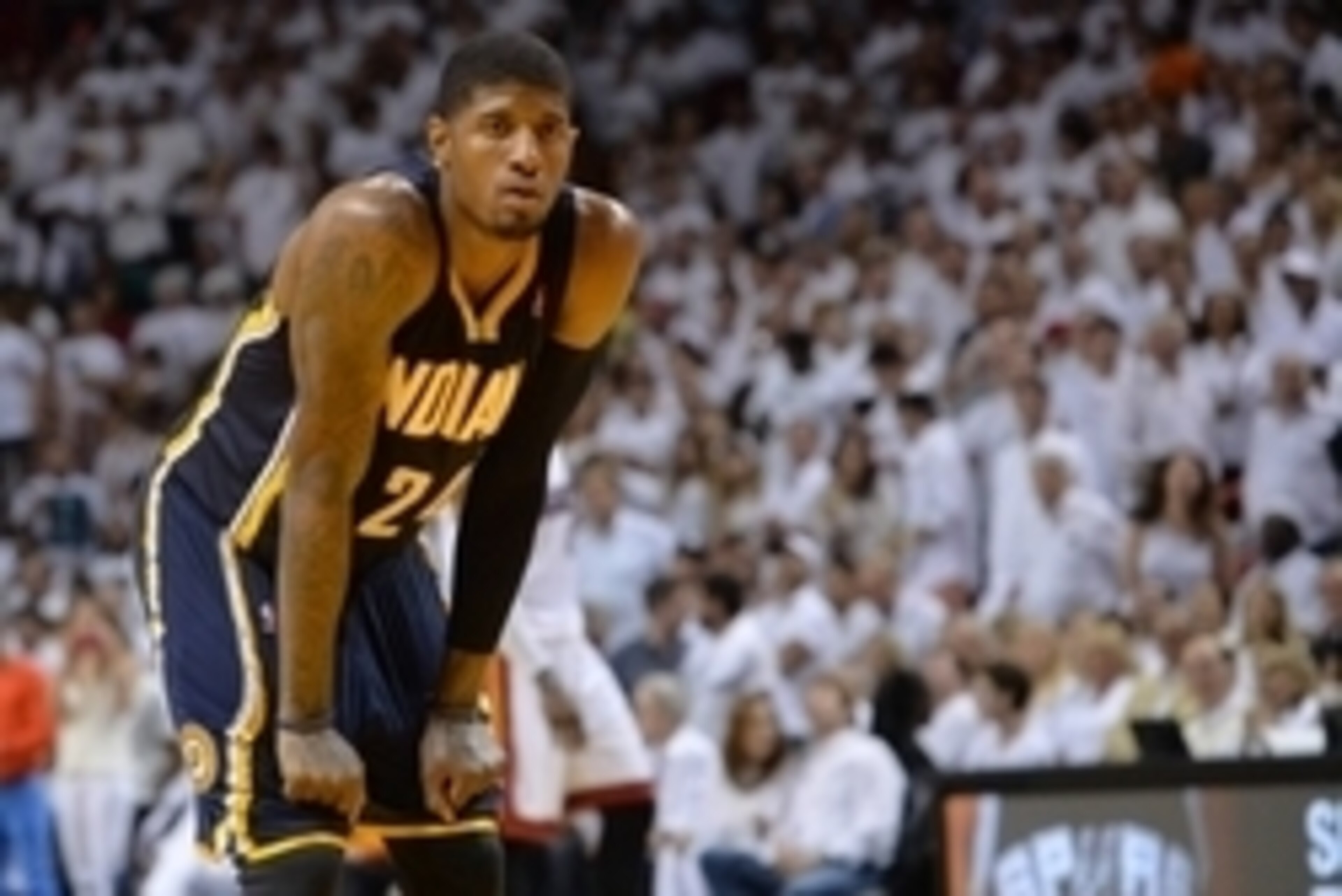 May 26, 2014; Miami, FL, USA; Indiana Pacers forward Paul George (24) reacts during a break against the Miami Heat in game four of the Eastern Conference Finals of the 2014 NBA Playoffs at American Airlines Arena. The Heat won 102-90. Mandatory Credit: St May 26, 2014; Miami, FL, USA; Indiana Pacers forward Paul George (24) reacts during a break against the Miami Heat in game four of the Eastern Conference Finals of the 2014 NBA Playoffs at American Airlines Arena. The Heat won 102-90. Mandatory Credit: St
