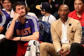 NEW ORLEANS, LA - FEBRUARY 16:  Western Conference (L-R) Blake Griffin #32 of the Los Angeles Clippers, Kevin Love #42 of the Minnesota Timberwolves, Kobe Bryant #24 of the Los Angeles Lakers, Kevin Durant #35 of the Oklahoma City Thunder and James Harden