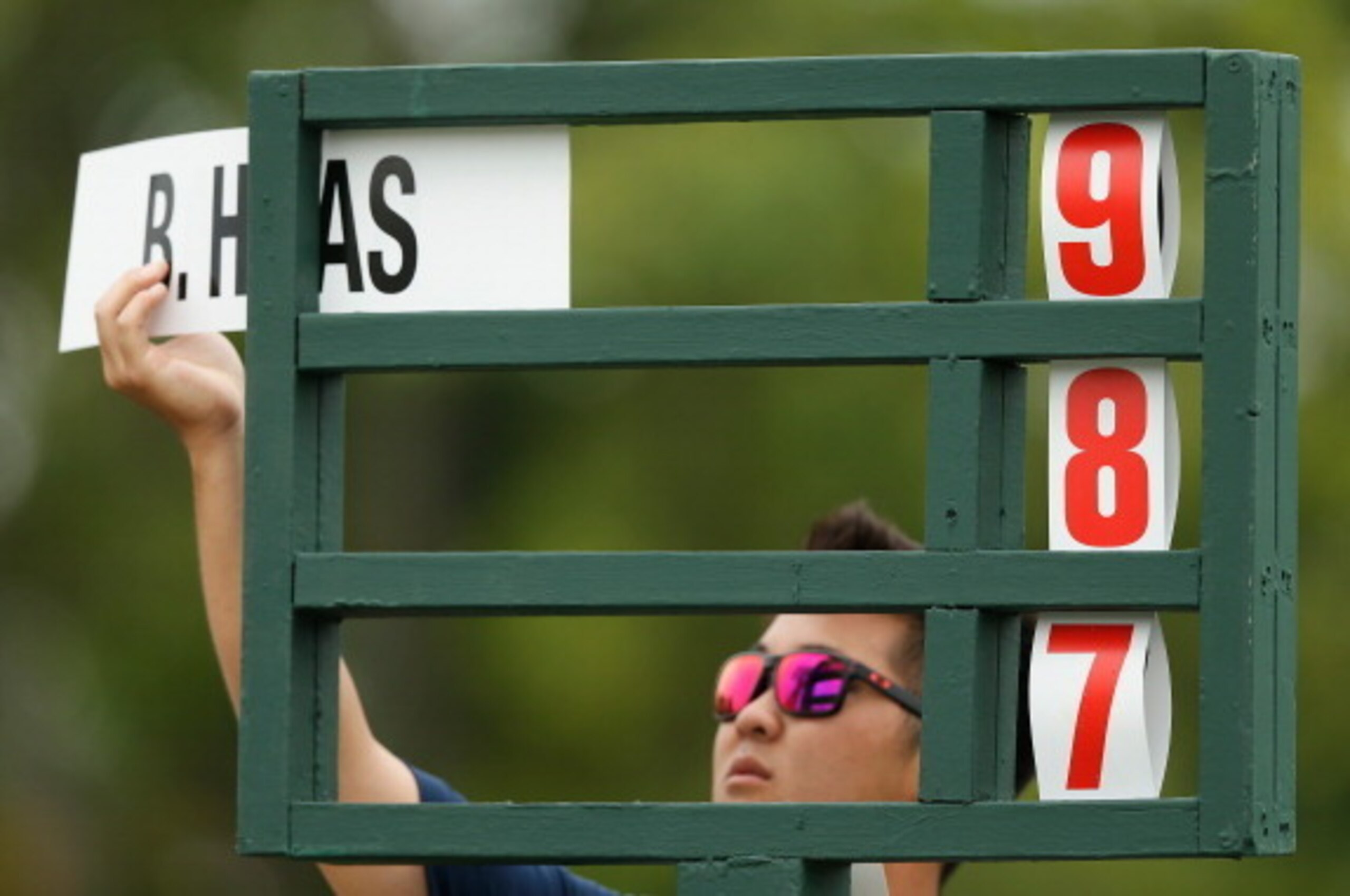 DUBLIN, OH - JUNE 01:  The name of  Bill Haas is placed into a standard on the first hole during the third round of the Memorial Tournament presented by Nationwide Insurance at Muirfield Village Golf Club on June 1, 2013 in Dublin, Ohio.  (Photo by Scott 