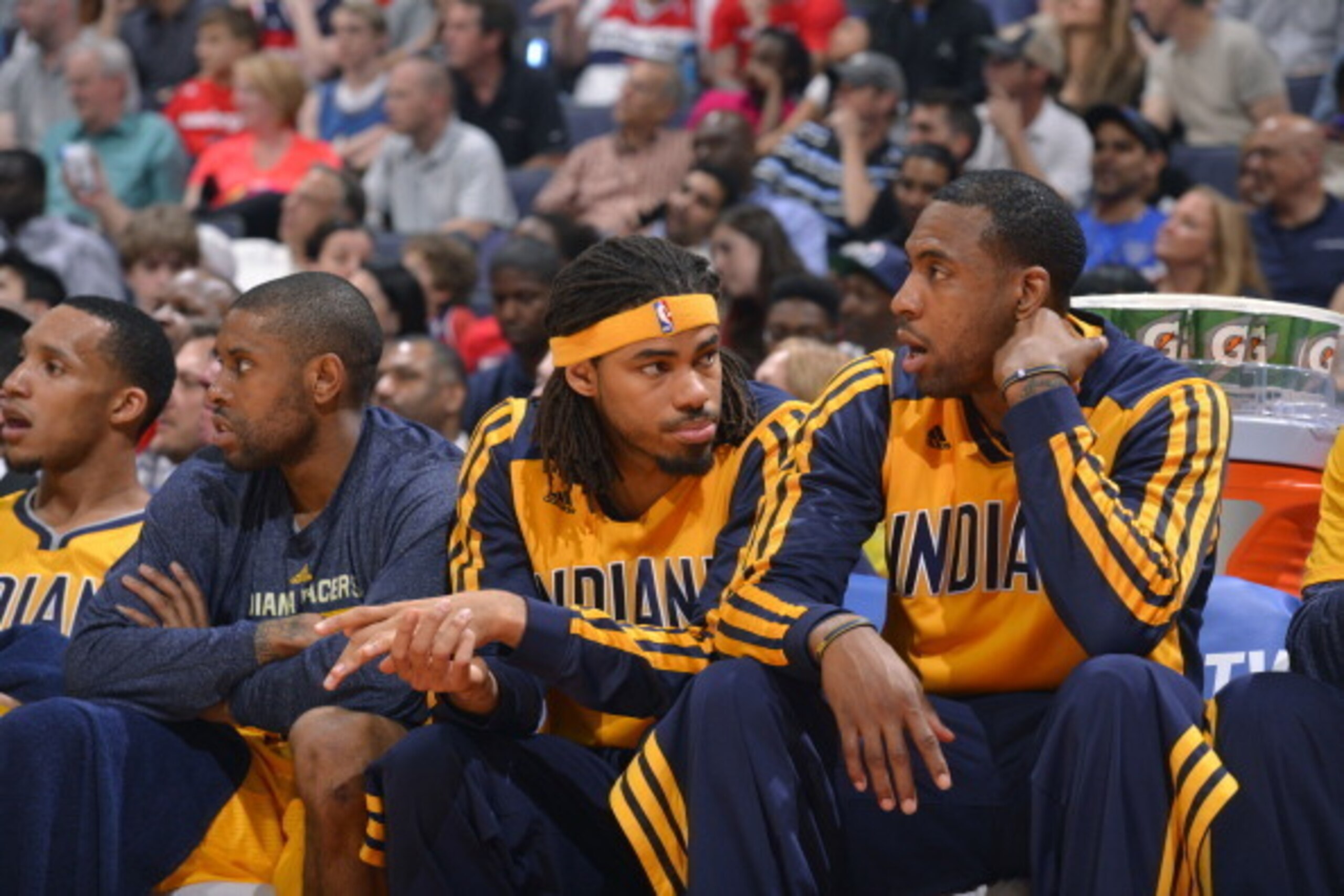 WASHINGTON, DC - MAY 09:  Chris Copeland #22 and the Indiana Pacers bench cheer against the Washington Wizards during Game Three of the Eastern Conference Semifinals on May 9, 2014 in Washington, DC. NOTE TO USER: User expressly acknowledges and agrees th