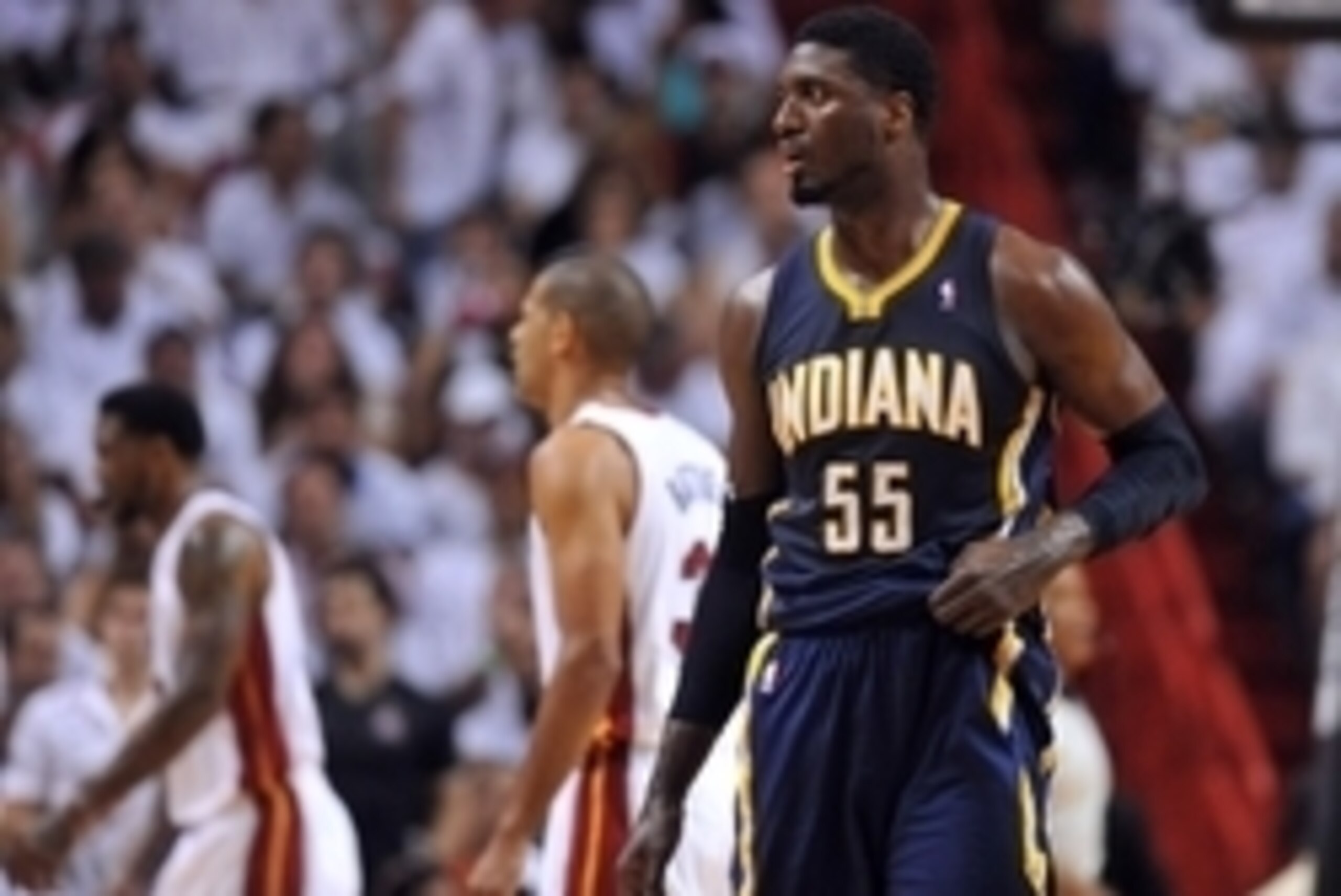 May 26, 2014; Miami, FL, USA; Indiana Pacers center Roy Hibbert (55) reacts during a timeout against the Miami Heat in game four of the Eastern Conference Finals of the 2014 NBA Playoffs at American Airlines Arena. Mandatory Credit: Steve Mitchell-USA TOD