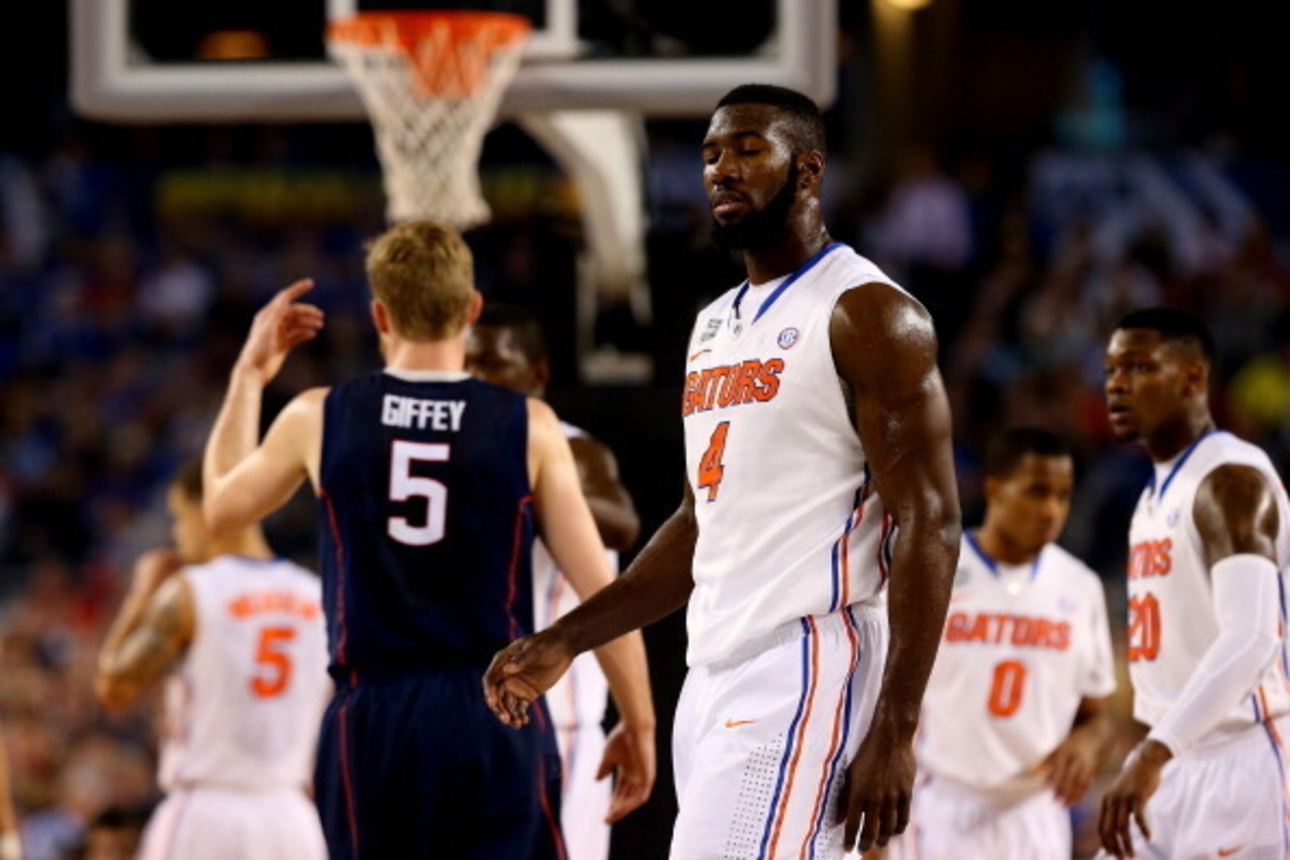 ARLINGTON, TX - APRIL 05: Patric Young #4 of the Florida Gators looks on during the NCAA Men's Final Four Semifinal against the Connecticut Huskies at AT&T Stadium on April 5, 2014 in Arlington, Texas.  (Photo by Ronald Martinez/Getty Images)