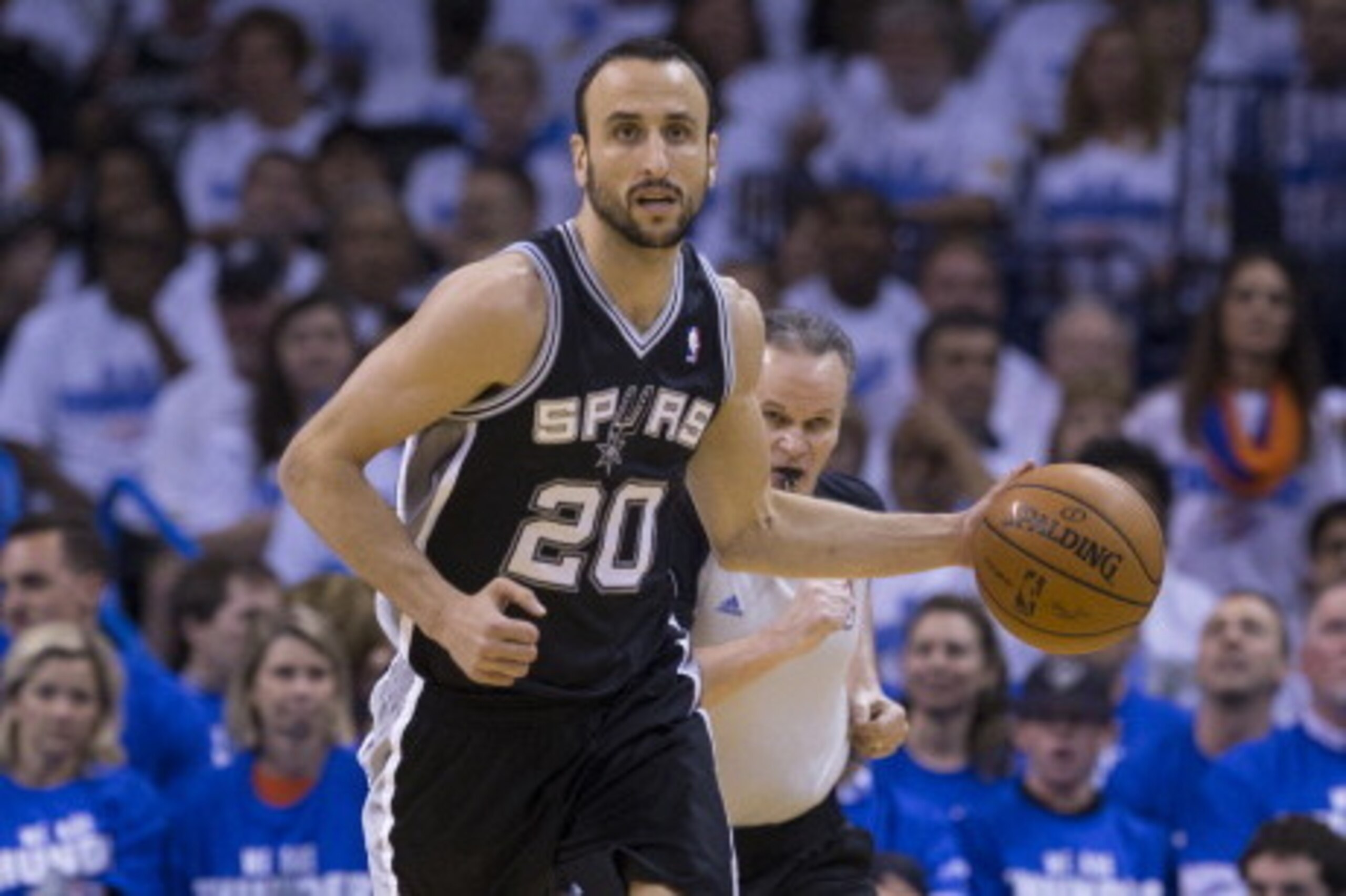 OKLAHOMA CITY, OK - May 27: Manu Ginobili #20 of the San Antonio Spurs dribbles up the court against the Oklahoma City Thunder in Game 4 of the Western Conference Finals during the 2014 NBA Playoffs at the Chesapeake Arena on May 27, 2014 in Oklahoma City OKLAHOMA CITY, OK - May 27: Manu Ginobili #20 of the San Antonio Spurs dribbles up the court against the Oklahoma City Thunder in Game 4 of the Western Conference Finals during the 2014 NBA Playoffs at the Chesapeake Arena on May 27, 2014 in Oklahoma City