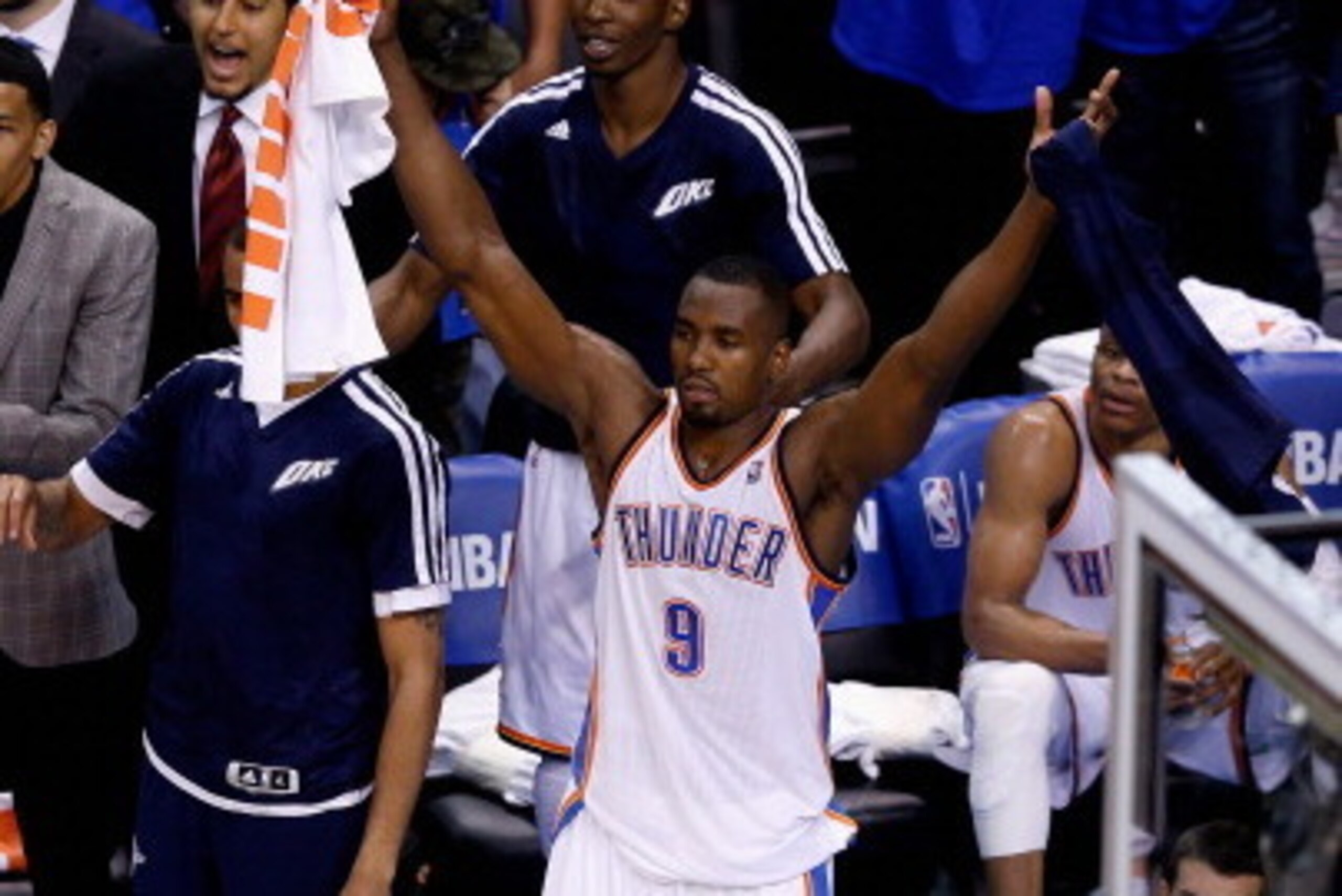 OKLAHOMA CITY, OK - MAY 27: Serge Ibaka #9 of the Oklahoma City Thunder reacts late in the fourth quarter against the San Antonio Spurs during Game Four of the Western Conference Finals of the 2014 NBA Playoffs at Chesapeake Energy Arena on May 27, 2014 i OKLAHOMA CITY, OK - MAY 27: Serge Ibaka #9 of the Oklahoma City Thunder reacts late in the fourth quarter against the San Antonio Spurs during Game Four of the Western Conference Finals of the 2014 NBA Playoffs at Chesapeake Energy Arena on May 27, 2014 i