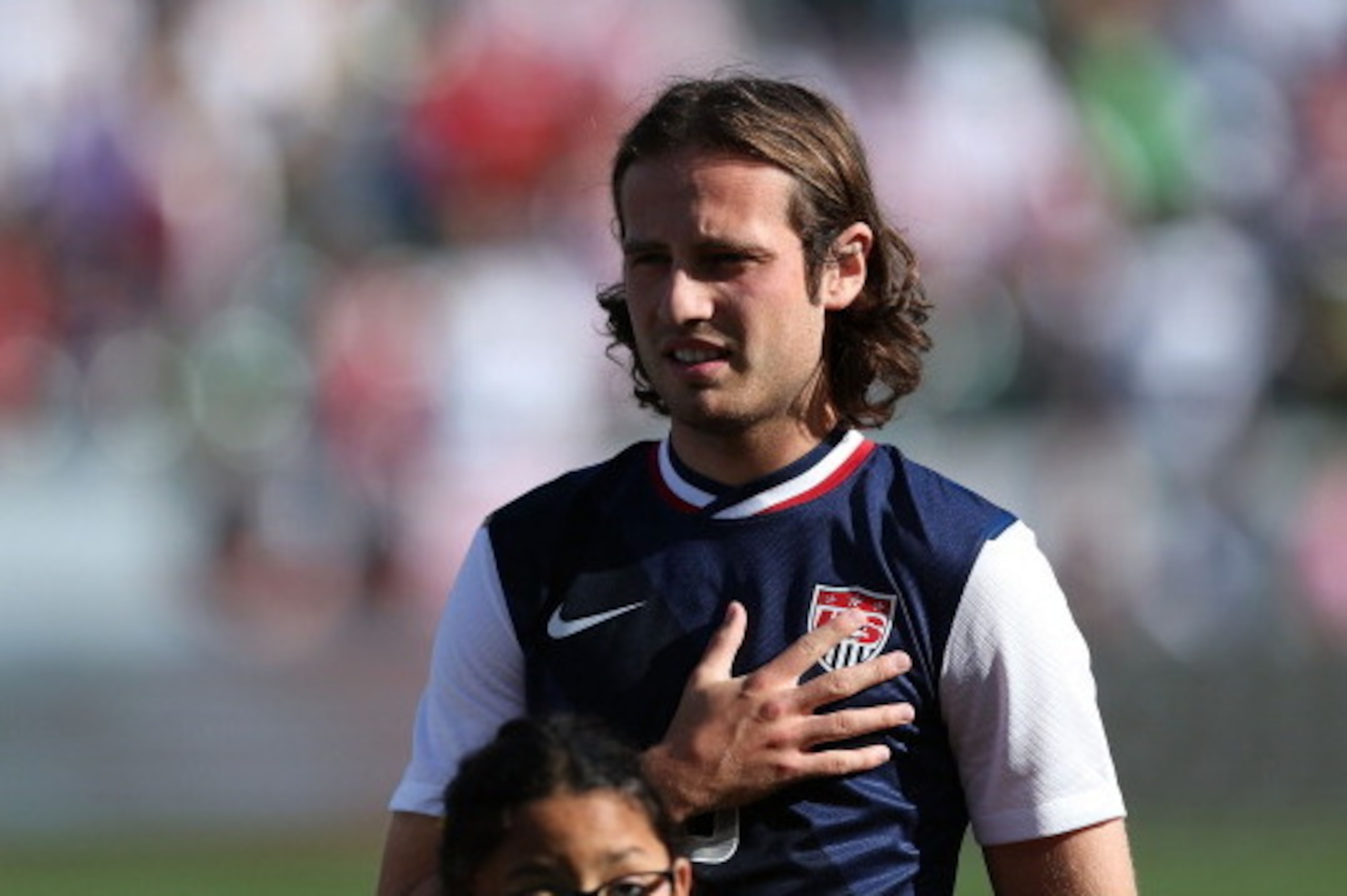LOS ANGELES, CA - FEBRUARY 01:  Mikkel 'Mix' Diskerud #8 of the USA looks on during the singing of the national anthem prior to their international friendly match against the Korea Republic at StubHub Center on February 1, 2014 in Los Angeles, California.