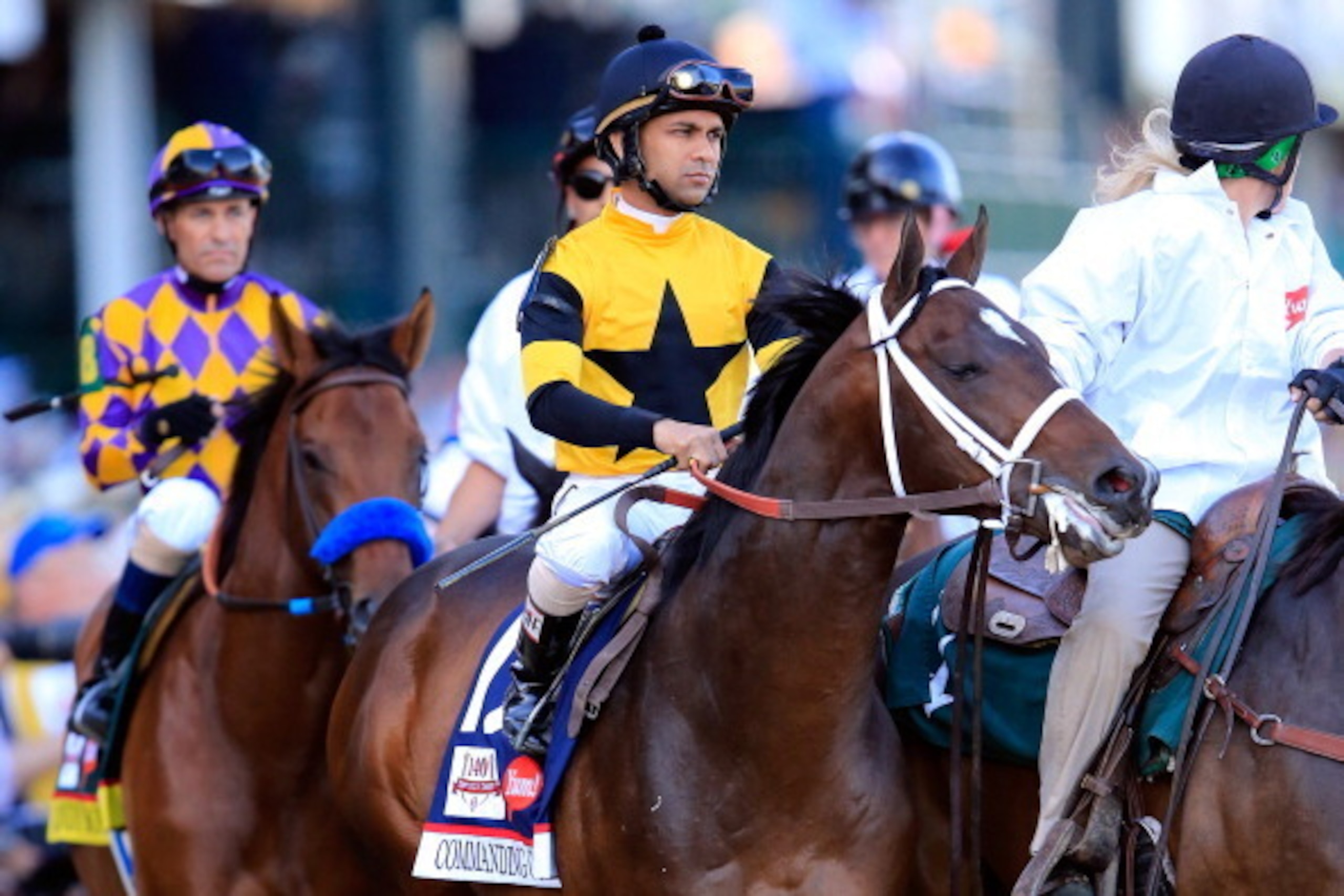 LOUISVILLE, KY - MAY 03: Commanding Curve #17, ridden by Shaun Bridgmohan, takes part in the post parade prior the 140th running of the Kentucky Derby at Churchill Downs on May 3, 2014 in Louisville, Kentucky. (Photo by Rob Carr/Getty Images) LOUISVILLE, KY - MAY 03: Commanding Curve #17, ridden by Shaun Bridgmohan, takes part in the post parade prior the 140th running of the Kentucky Derby at Churchill Downs on May 3, 2014 in Louisville, Kentucky. (Photo by Rob Carr/Getty Images)