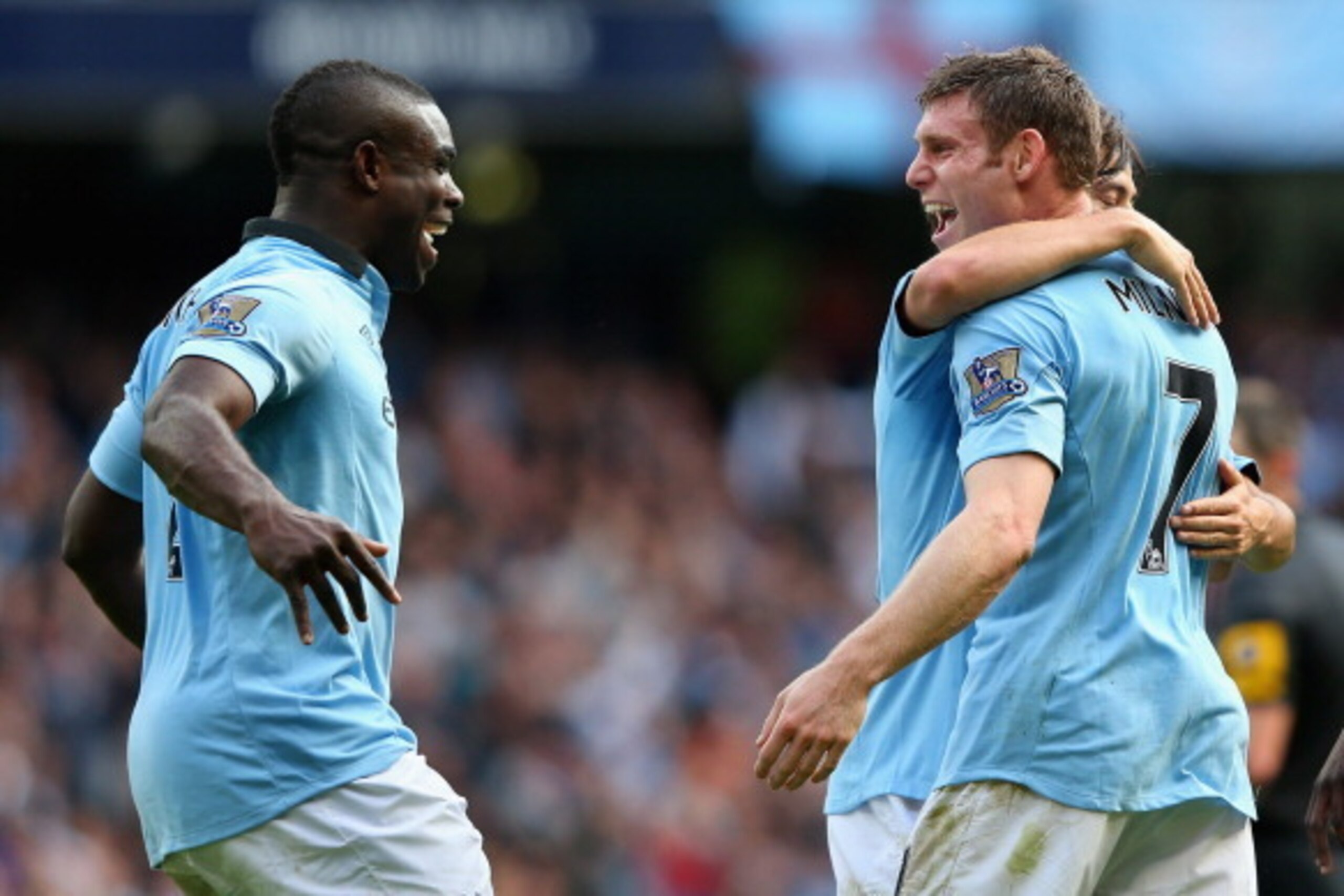 MANCHESTER, ENGLAND - OCTOBER 06: James Milner of Manchester City celebrates scoring his team's third goal with team-mate Micah Richards (L) during the Barclays Premier League match between Manchester City and Sunderland at the Etihad Stadium on October MANCHESTER, ENGLAND - OCTOBER 06: James Milner of Manchester City celebrates scoring his team's third goal with team-mate Micah Richards (L) during the Barclays Premier League match between Manchester City and Sunderland at the Etihad Stadium on October