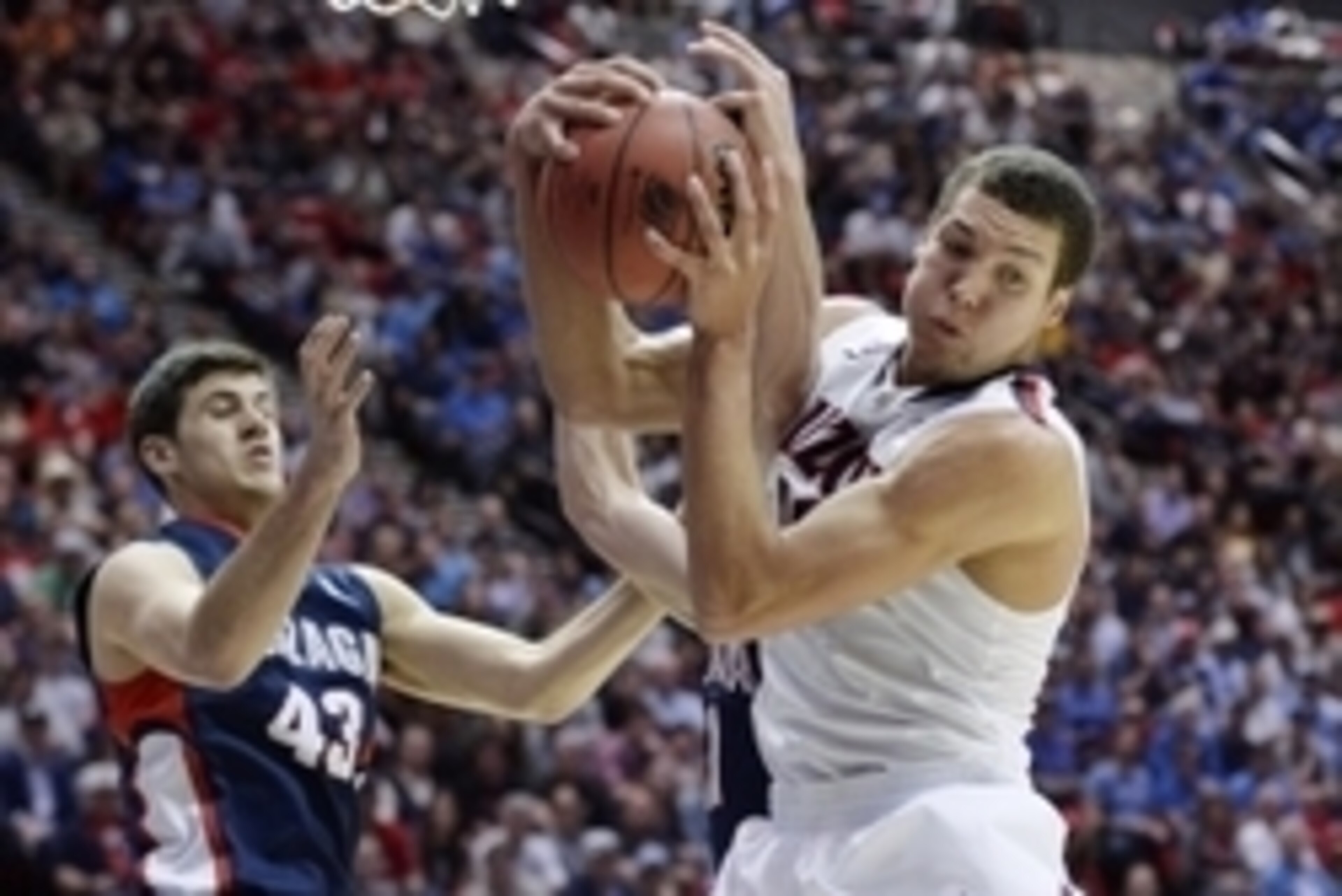 Mar 23, 2014; San Diego, CA, USA; Arizona Wildcats forward Aaron Gordon (right) pulls down a rebound against Gonzaga Bulldogs guard/forward Drew Barham (43) and guard David Stockton in the first half of a men's college basketball game during the third rou Mar 23, 2014; San Diego, CA, USA; Arizona Wildcats forward Aaron Gordon (right) pulls down a rebound against Gonzaga Bulldogs guard/forward Drew Barham (43) and guard David Stockton in the first half of a men's college basketball game during the third rou