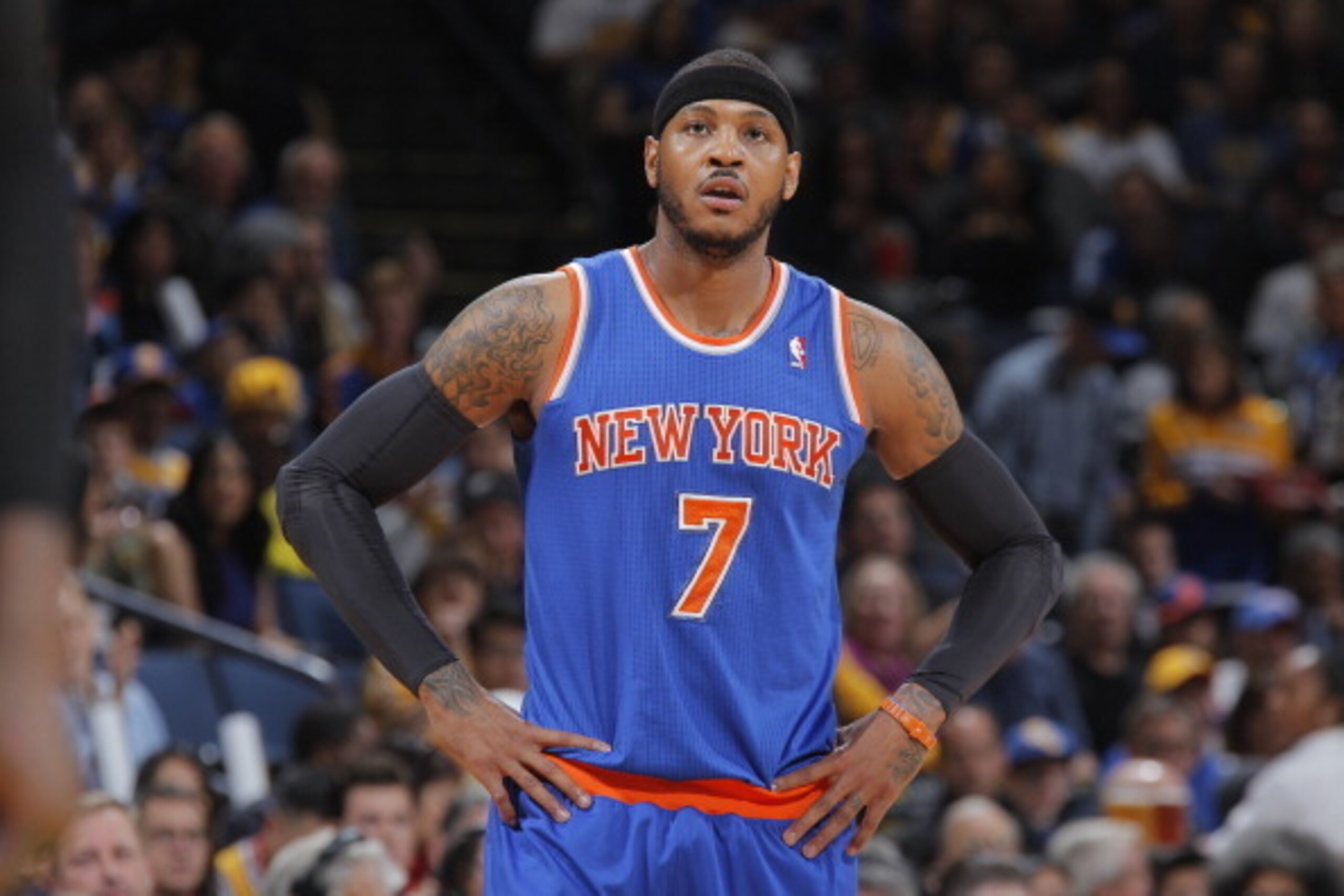 OAKLAND, CA - MARCH 30: Carmelo Anthony #7 of the New York Knicks in a game against the Golden State Warriors on March 30, 2014 at Oracle Arena in Oakland, California. NOTE TO USER: User expressly acknowledges and agrees that, by downloading and or using 
