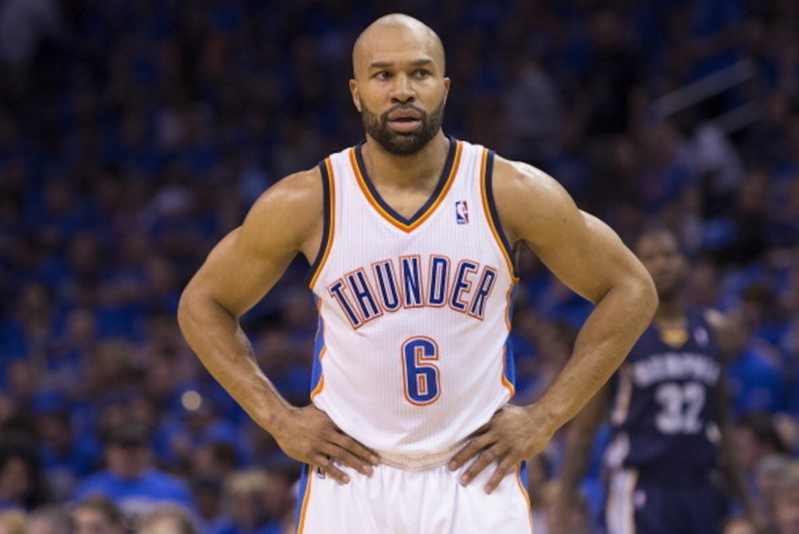 OKLAHOMA CITY, OK - APRIL 19:  Derek Fisher #6 of the Oklahoma City Thunder stands on the court against the Memphis Grizzlies in Game One of the Western Conference Quarterfinals of the NBA Playoffs at Chesapeake Energy Arena on April 19, 2014 in Oklahoma 