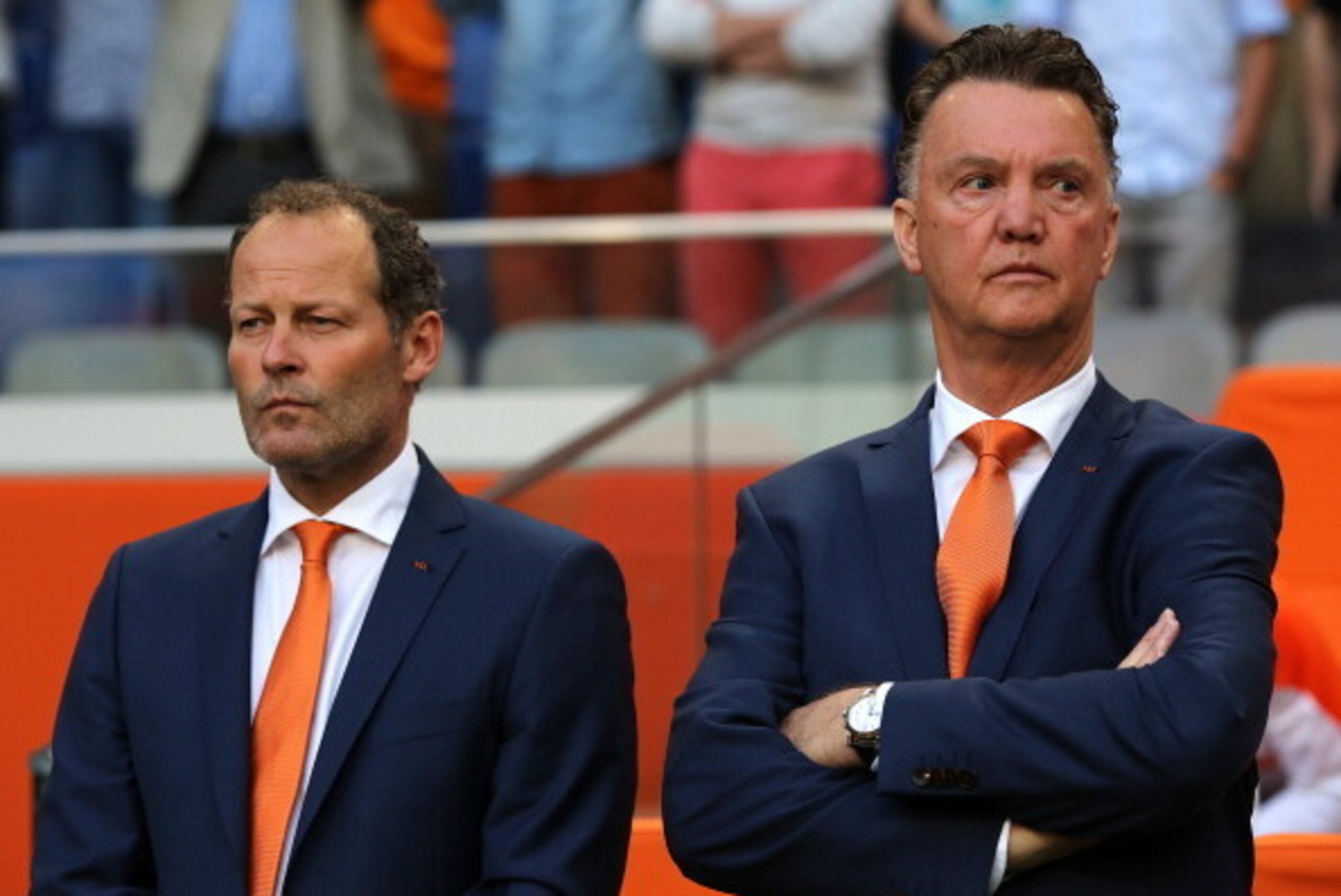 AMSTERDAM, NETHERLANDS - MAY 17: Holland manager Louis van Gaal with assitant manager Danny Blind (L) during the International Friendly match between The Netherlands and Ecuador at The Amsterdam Arena on May 17, 2014 in Amsterdam, Netherlands. (Photo by C
