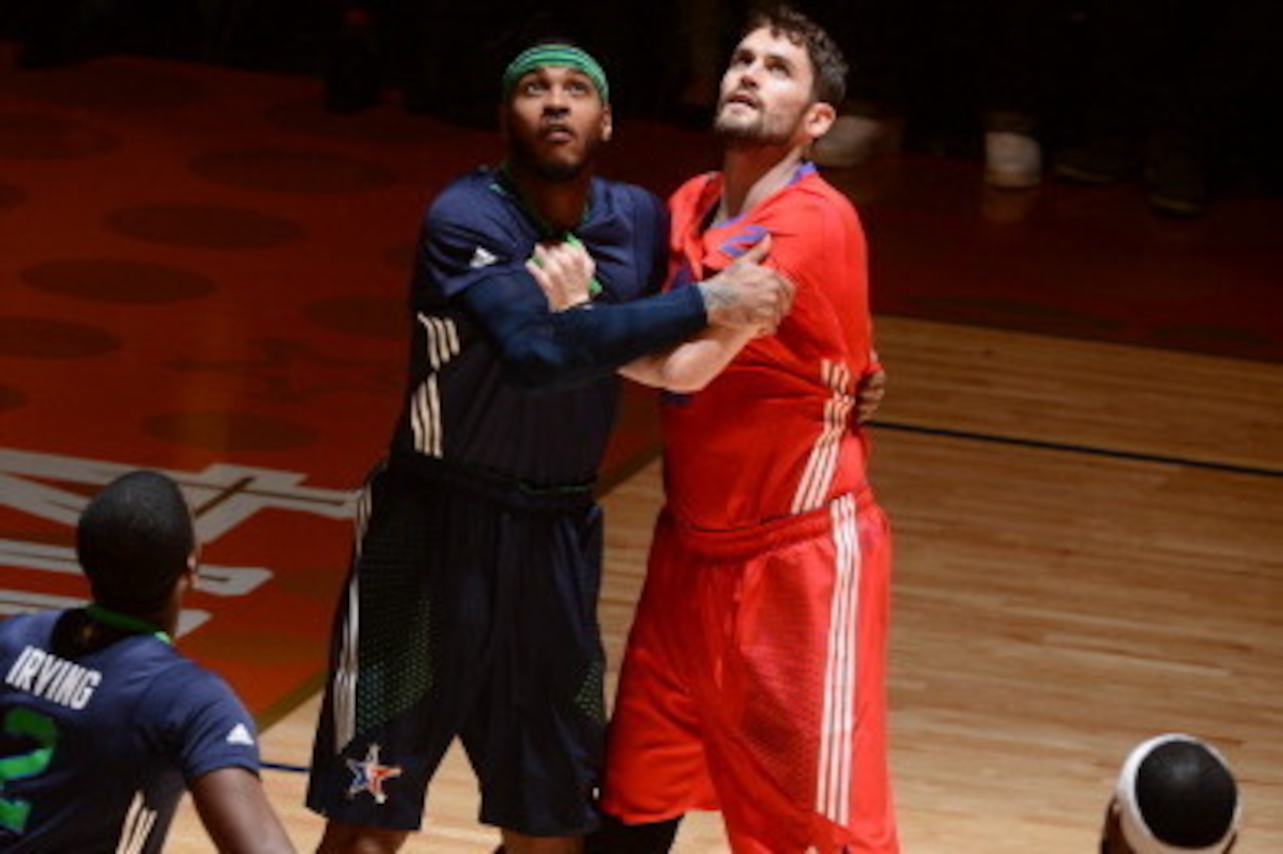 NEW ORLEANS, LA - FEBRUARY 16: Kevin Love #42 of the Western Conference All-Stars boxes out against Carmelo Anthony #7 of the Eastern Conference All-Stars during the 2014 NBA All-Star Game at Smoothie King Center on February 16, 2014 in New Orleans, Louis