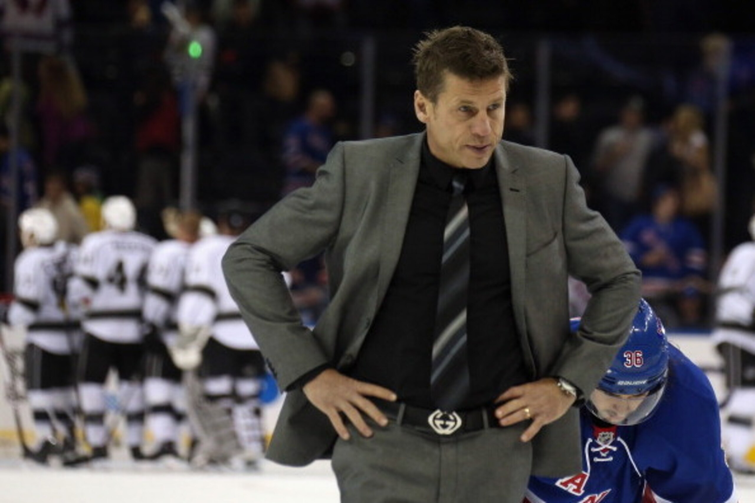 NEW YORK, NY - NOVEMBER 17: Assistant coach Ulf Samuelsson of the New York Rangers leaves the ice following a 1-0 loss to the Los Angeles Kings at Madison Square Garden on November 17, 2013 in New York City.  (Photo by Bruce Bennett/Getty Images)