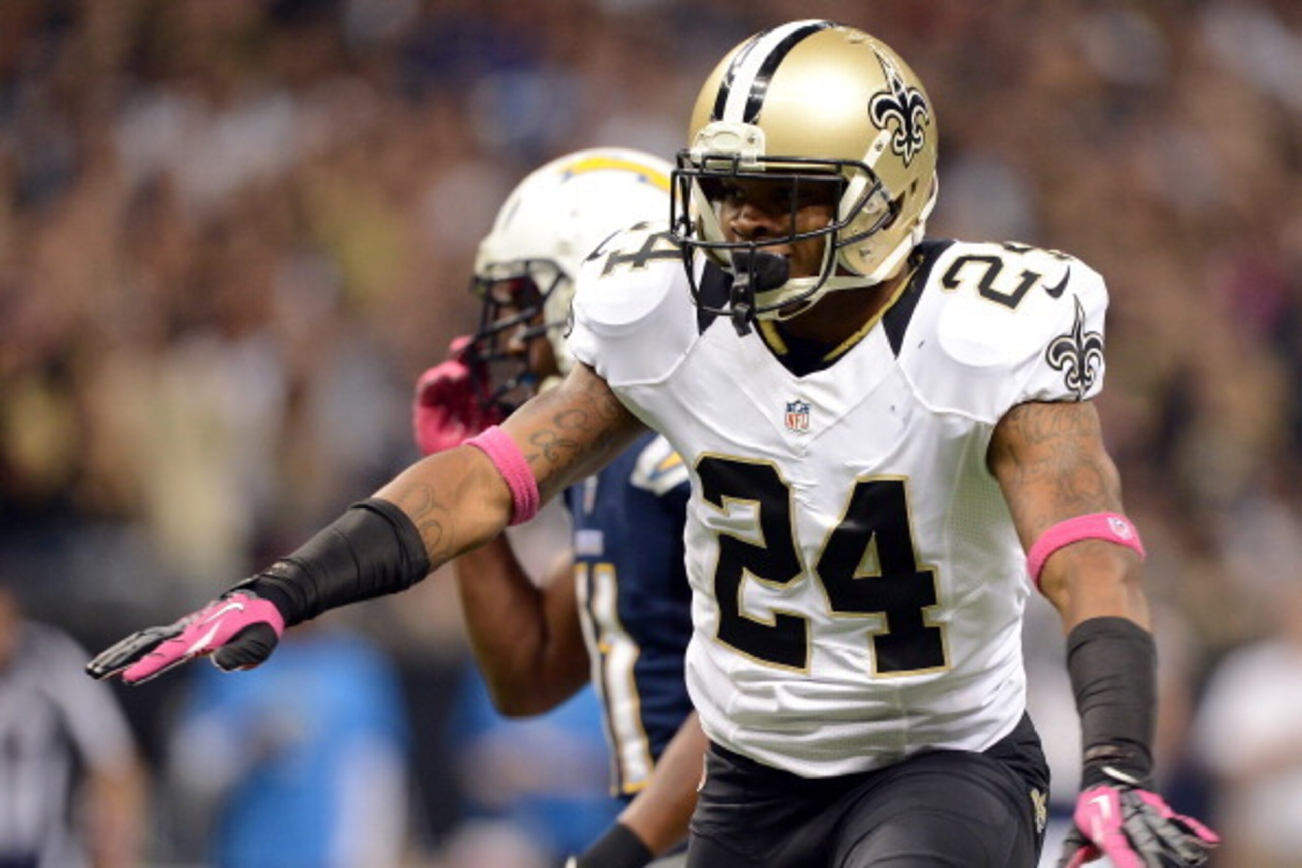 NEW ORLEANS, LA - OCTOBER 07:  Corey White #24 of the New Orleans Saints reacts after breaking up a play against the San Diego Chargers at Mercedes-Benz Superdome on October 7, 2012 in New Orleans, Louisiana.  (Photo by Harry How/Getty Images)
