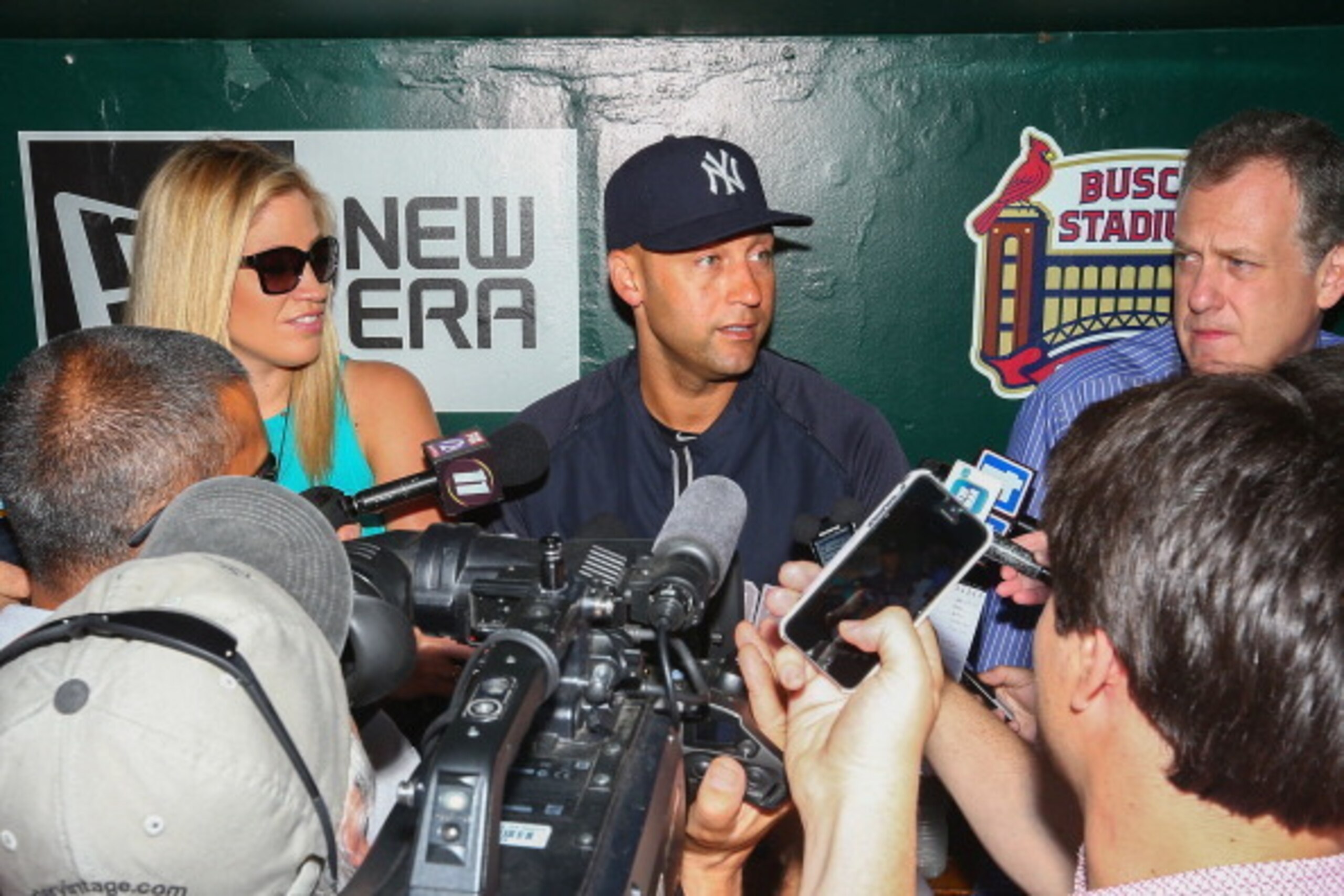 ST. LOUIS, MO - MAY 26: Derek Jeter #2 of the New York Yankees addresses the media prior to playing against the St. Louis Cardinals at Busch Stadium on May 26, 2014 in St. Louis, Missouri.  Photo by Dilip Vishwanat/Getty Images)
