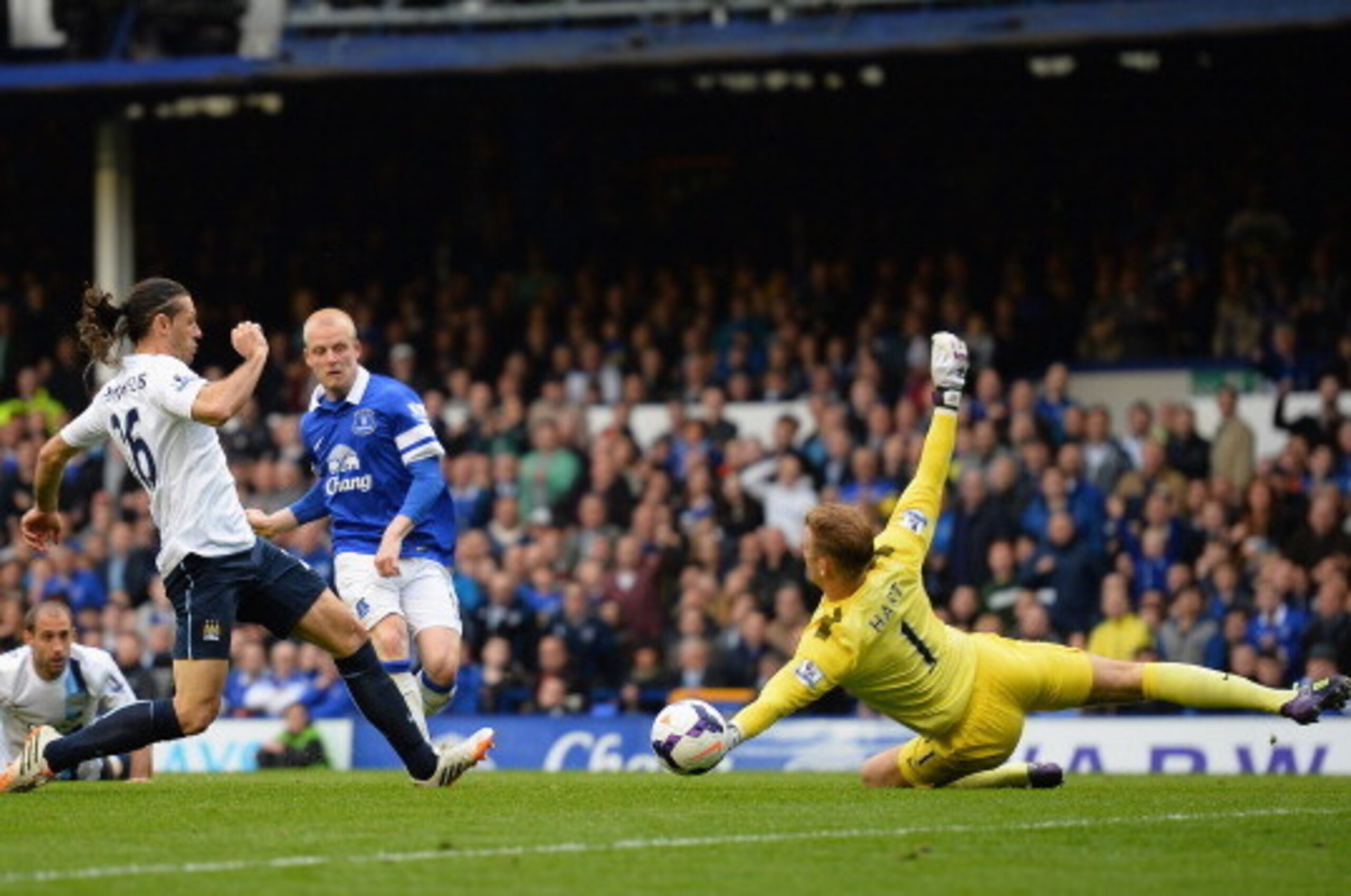 LIVERPOOL, ENGLAND - MAY 03:  Joe Hart of Manchester City saves the attempt on goal of Steven Naismith of Everton during the Barclays Premier League match between Everton and Manchester City at Goodison Park on May 3, 2014 in Liverpool, England.  (Photo b