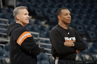 MILWAUKEE - JANUARY 26:  (L-R) Head coach Mike D'Antoni and assistant coach Alvin Gentry of the Phoenix Suns oversee practice before the game against the Milwaukee Bucks at the Bradley Center on January 26, 2007 in Milwaukee, Wisconsin. The Suns won 98-90