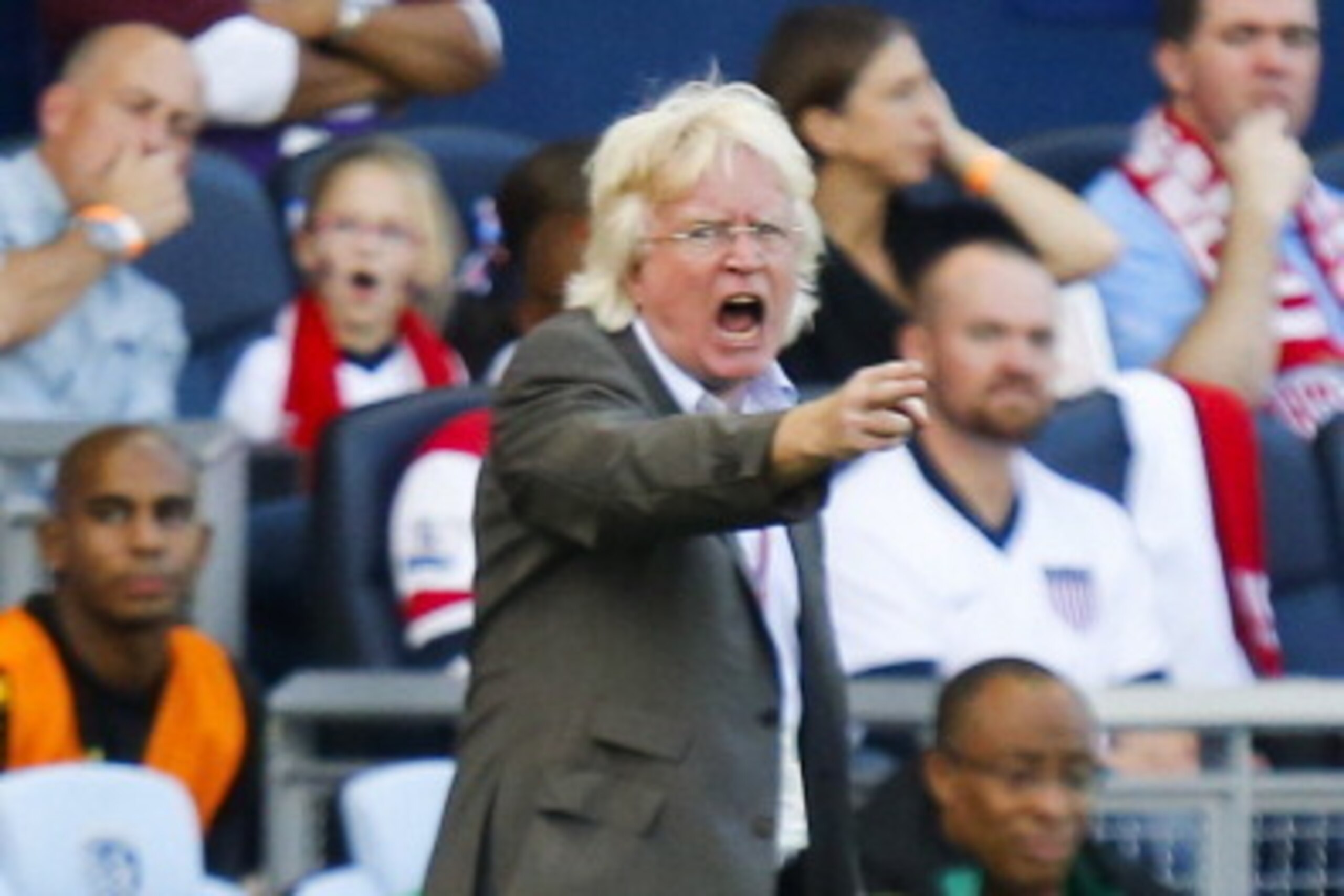 KANSAS CITY, KS - OCTOBER 11: Head coach Winfried Schaefer of Jamaica calls out to his players while the take on the U.S. Men's National Soccer Team at Sporting Park on October 11, 2013 in Kansas City, Kansas. (Photo by Kyle Rivas/Getty Images)