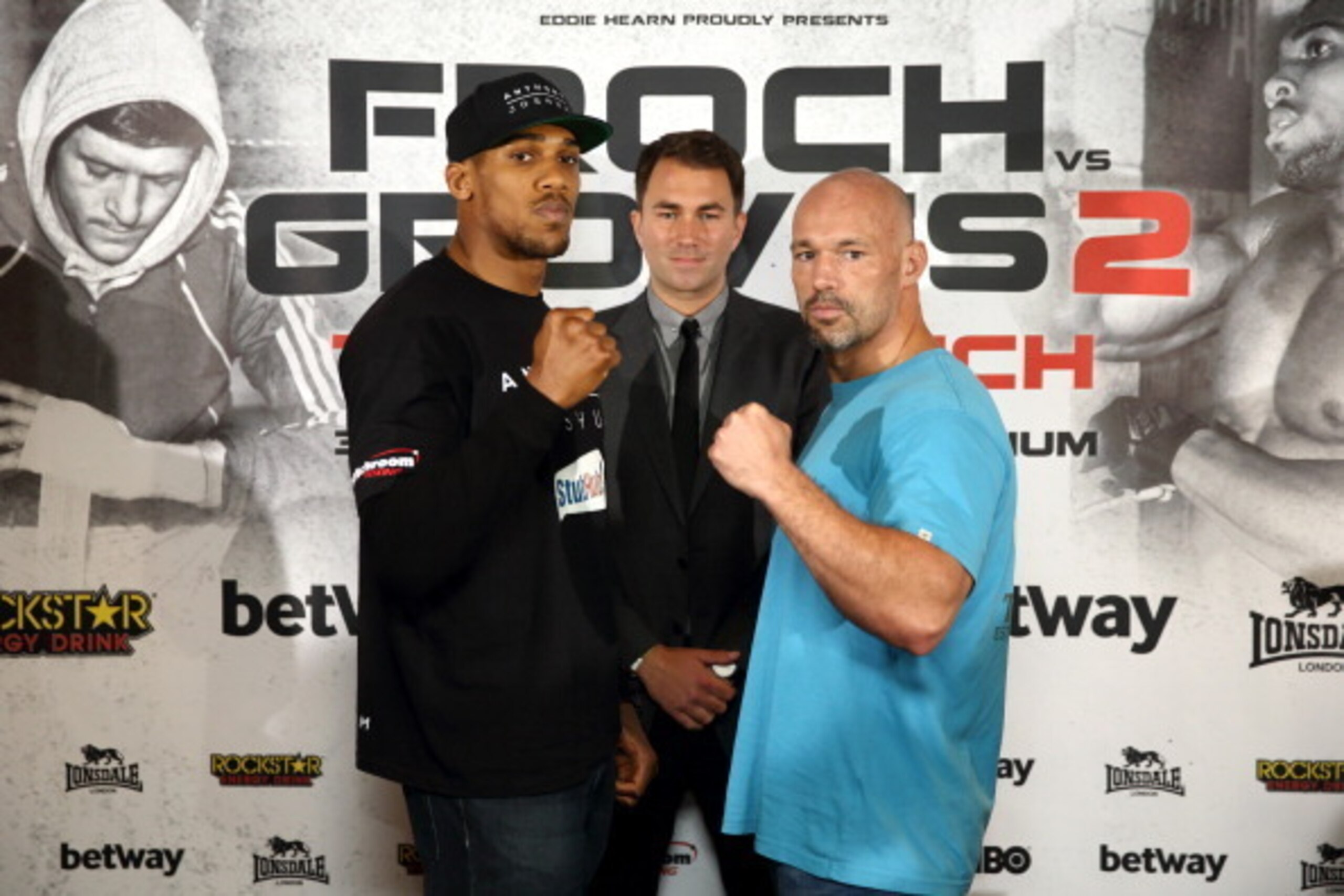 LONDON, ENGLAND - MAY 28:  Anthony Joshua and Matt Legg go head to head during a press conference to announce the upcoming Final Eliminator for the IBF Super Middleweight Championship between James DeGale and Brandon Gonzales at Wembley Stadium on May 28,