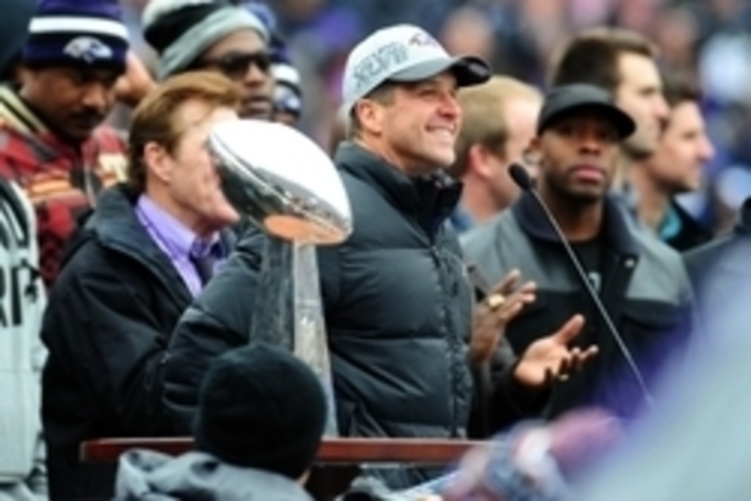 Feb 5, 2013; Baltimore, MD, USA; Baltimore Ravens head coach John Harbaugh speaks to the crowd during the Super Bowl XLVII celebration at M&T Bank Stadium.  Mandatory Credit: Evan Habeeb-USA TODAY Sports
