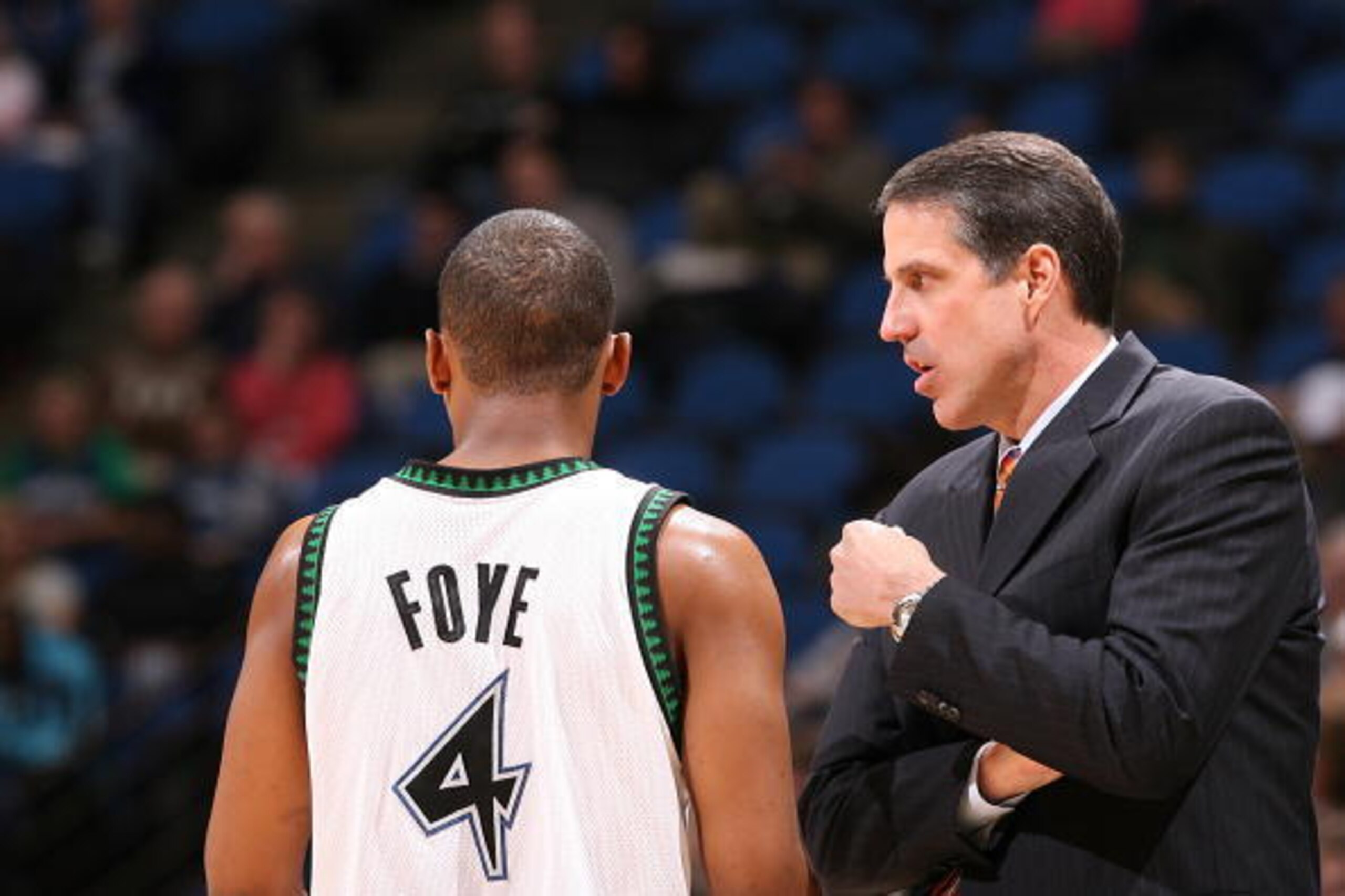 MINNEAPOLIS - MARCH 17:  Randy Foye #4 and head coach Randy Wittman of the Minnesota Timberwolves talk during the NBA game against the Los Angeles Clippers on March 17, 2008 at the Target Center in Minneapolis, Minnesota.  NOTE TO USER: User expressly ack