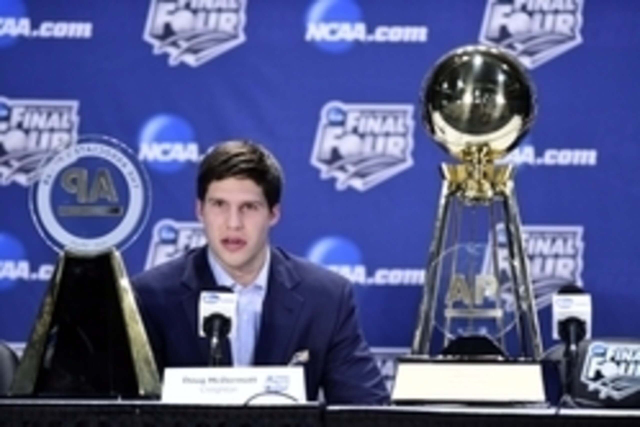 Apr 3, 2014; Arlington, TX, USA; Doug McDermott of Creighton addresses the media after winning the AP player of the year award during a press conference prior to the Div I Mens Basketaball Championship tournament at AT&T Stadium.  Mandatory Credit: Bob Do