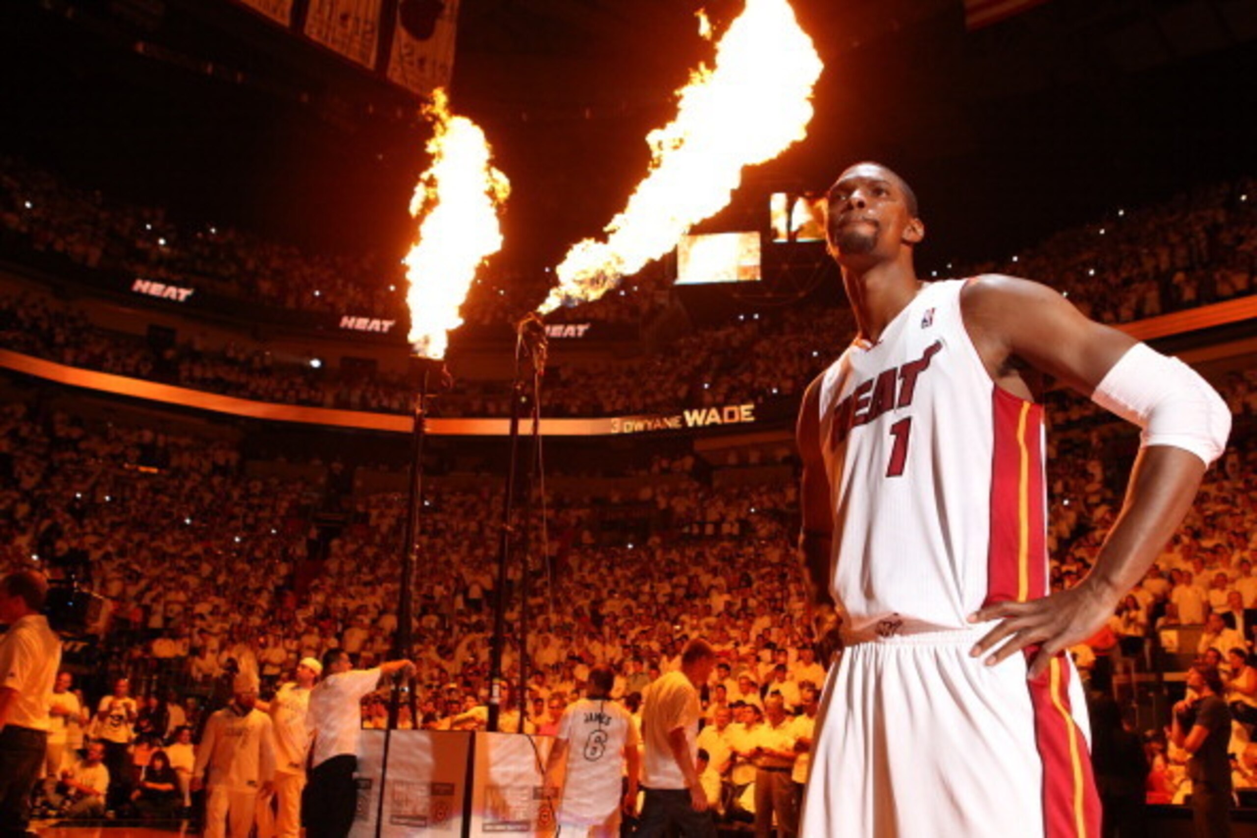 MIAMI, FL - May 26: Chris Bosh #1 of the Miami Heat gets ready before Game Four of the Eastern Conference Finals against the Indiana Pacers during the 2014 NBA Playoffs at the American Airlines Arena in Miami, Florida on May 26, 2014. NOTE TO USER: User e