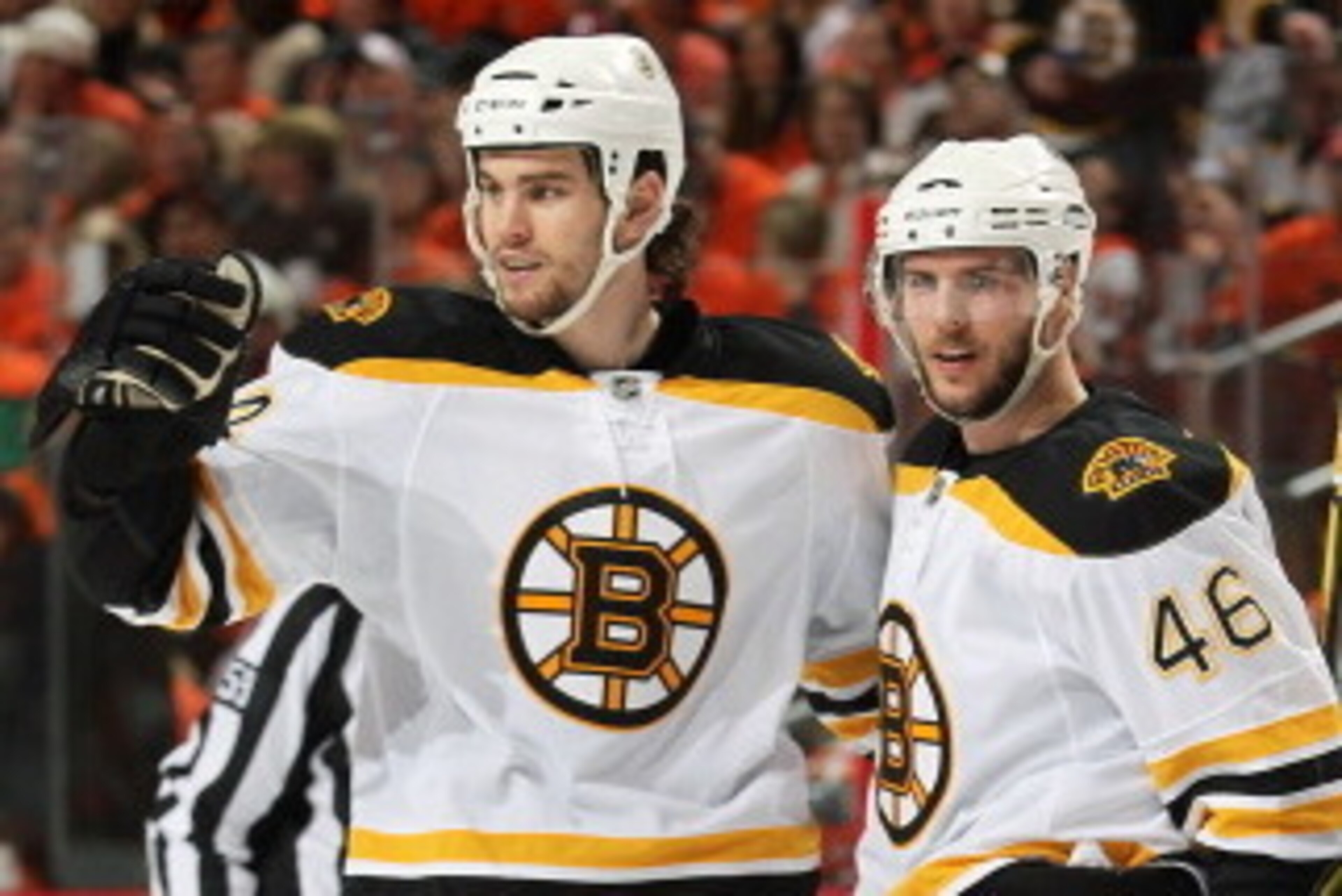PHILADELPHIA , PA - APRIL 30: Adam McQuaid #54, David Krejci #46, Tomas Kaberle #12 and Nathan Horton #18 of the Boston Bruins celebrate a second period goal against the Philadelphia Flyers in Game One of the Eastern Conference Semifinals during the 2011 PHILADELPHIA , PA - APRIL 30: Adam McQuaid #54, David Krejci #46, Tomas Kaberle #12 and Nathan Horton #18 of the Boston Bruins celebrate a second period goal against the Philadelphia Flyers in Game One of the Eastern Conference Semifinals during the 2011