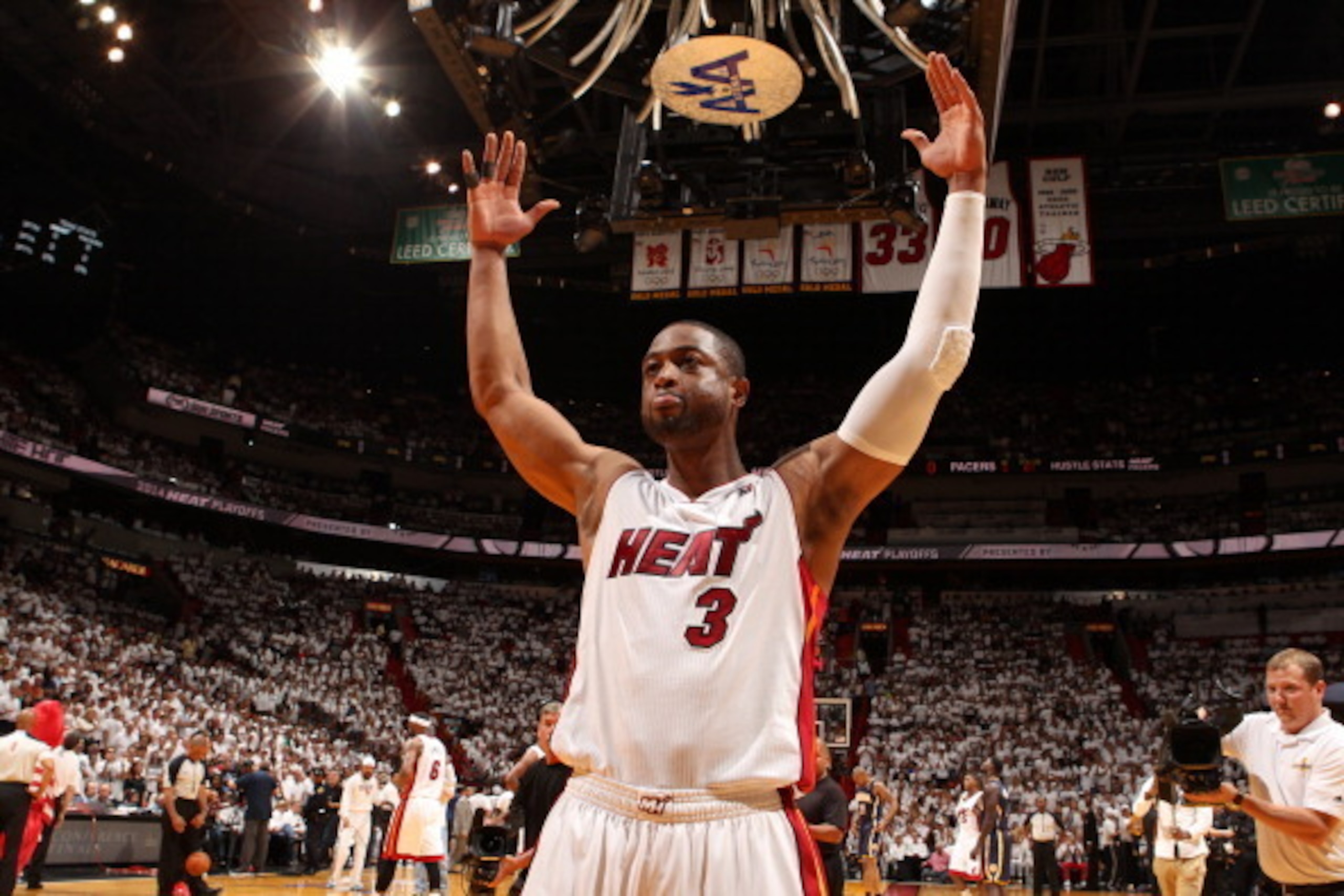 MIAMI, FL - May 26: Dwyane Wade #3 of the Miami Heat gets ready before Game Four of the Eastern Conference Finals against the Indiana Pacers during the 2014 NBA Playoffs at the American Airlines Arena in Miami, Florida on May 26, 2014. NOTE TO USER: User 