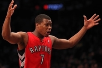 Apr 27, 2014; Brooklyn, NY, USA; Toronto Raptors guard Kyle Lowry (7) reacts against the Brooklyn Nets during the second quarter in game four of the first round of the 2014 NBA Playoffs at Barclays Center. Mandatory Credit: Adam Hunger-USA TODAY Sports