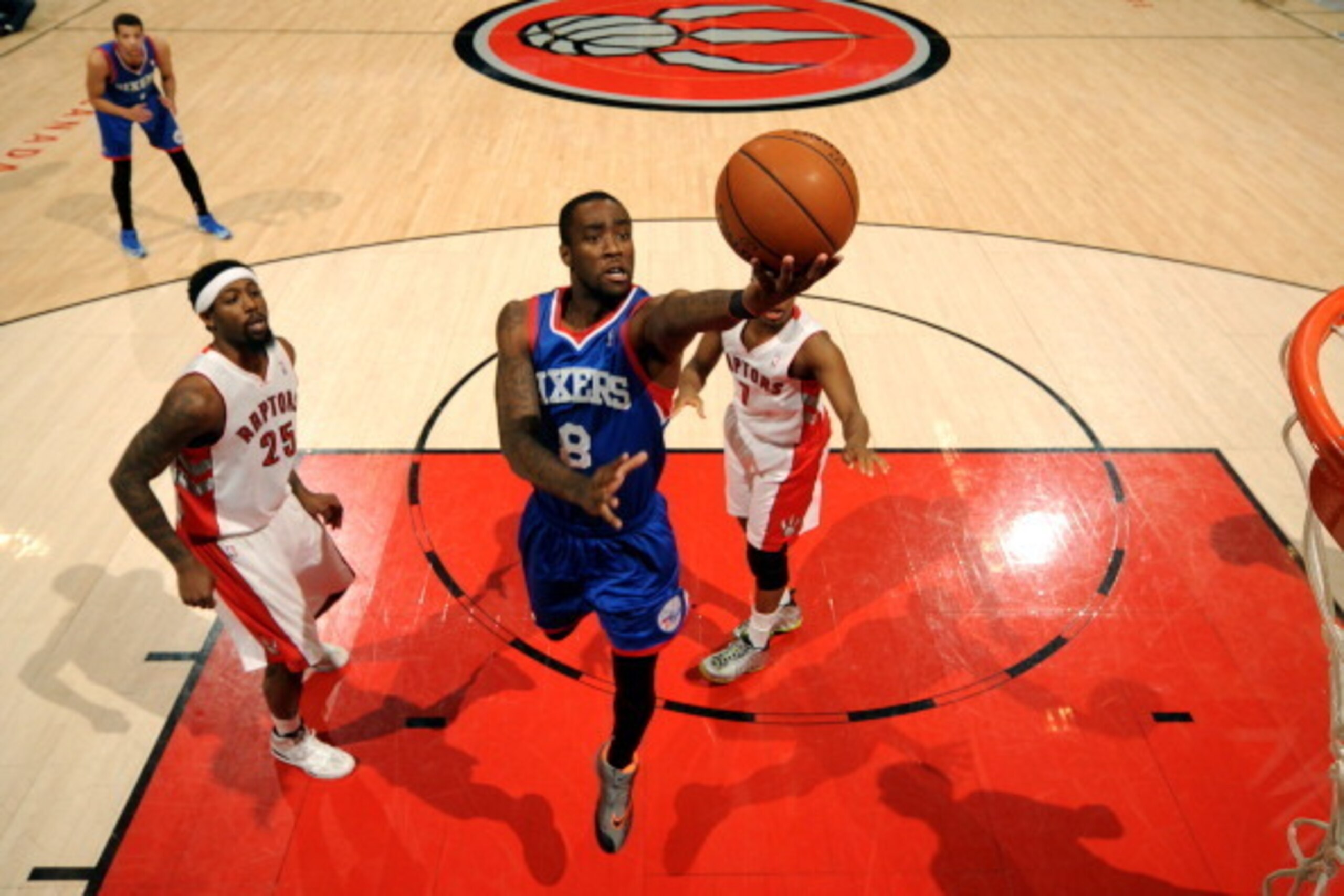 TORONTO, CANADA - April 9: Tony Wroten #8 of the Philadelphia 76ers shoots against the Toronto Raptors on April 9, 2014 at the Air Canada Centre in Toronto, Ontario, Canada.  NOTE TO USER: User expressly acknowledges and agrees that, by downloading and or