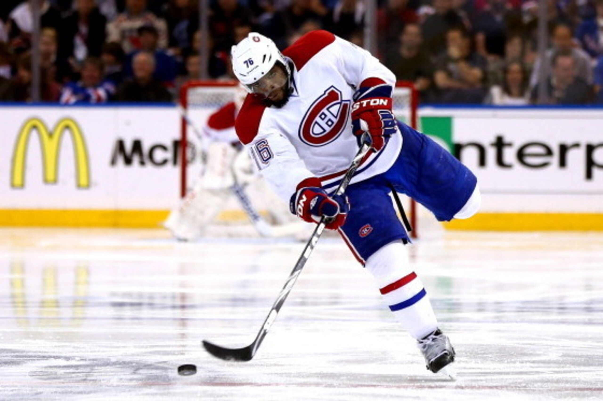NEW YORK, NY - MAY 25:  P.K. Subban #76 of the Montreal Canadiens skates with the puck against the New York Rangers during Game Four of the Eastern Conference Final in the 2014 NHL Stanley Cup Playoffs at Madison Square Garden on May 25, 2014 in New York 