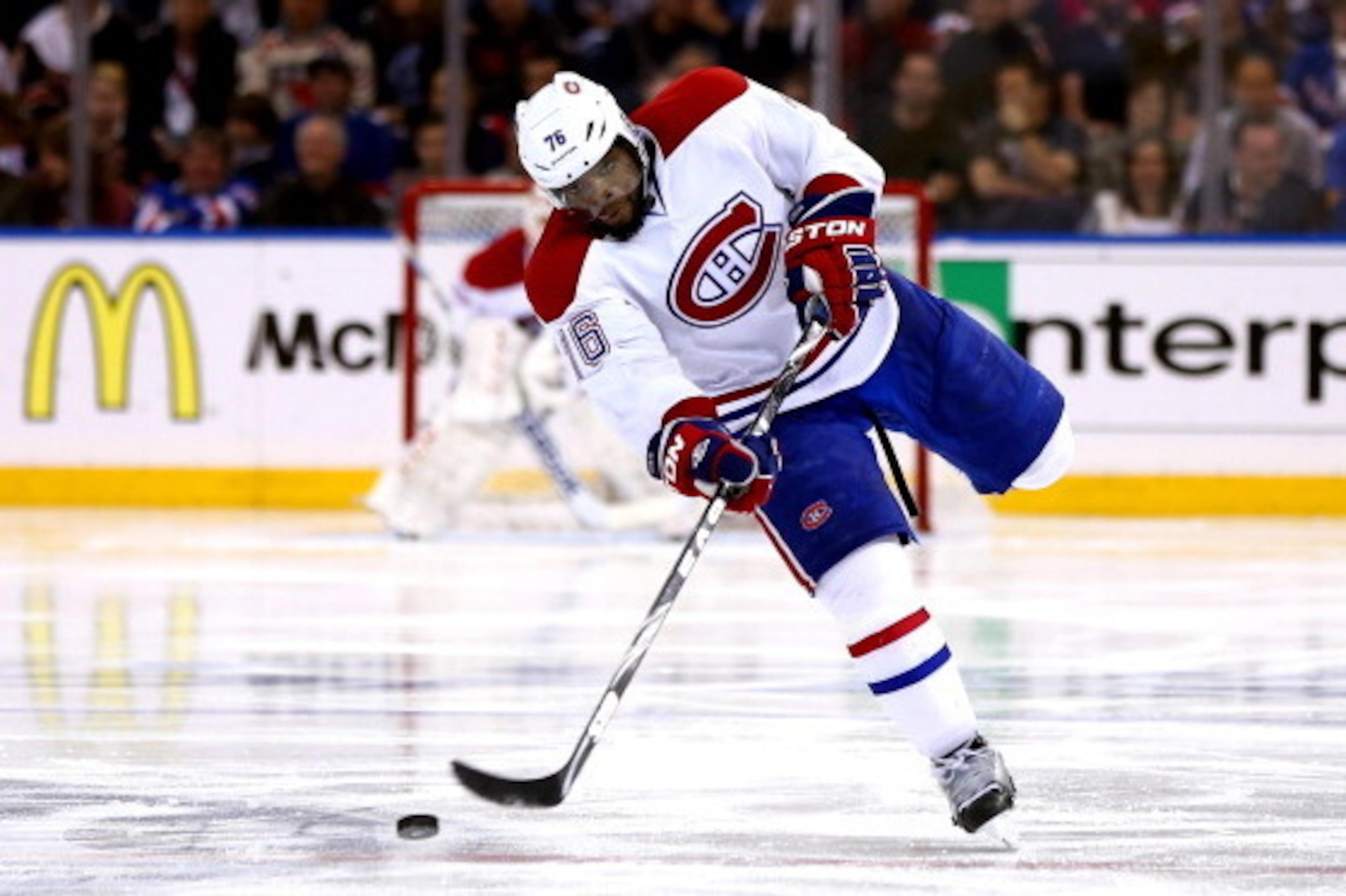 NEW YORK, NY - MAY 25:  P.K. Subban #76 of the Montreal Canadiens skates with the puck against the New York Rangers during Game Four of the Eastern Conference Final in the 2014 NHL Stanley Cup Playoffs at Madison Square Garden on May 25, 2014 in New York 
