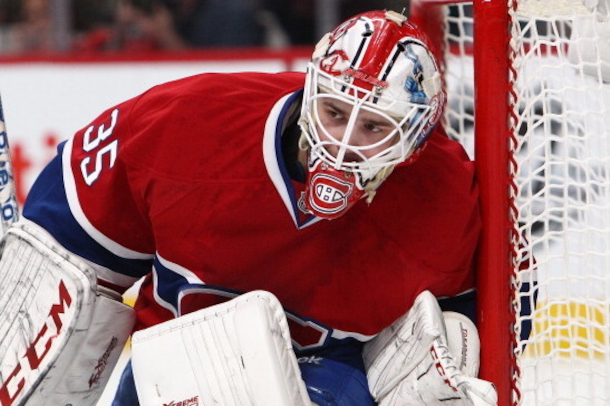 MONTREAL, QC - MAY 27:  Dustin Tokarski #35 of the Montreal Canadiens defends the net against the New York Rangers during Game Five of the Eastern Conference Final in the 2014 NHL Stanley Cup Playoffs at Bell Centre on May 27, 2014 in Montreal, Canada. Ca