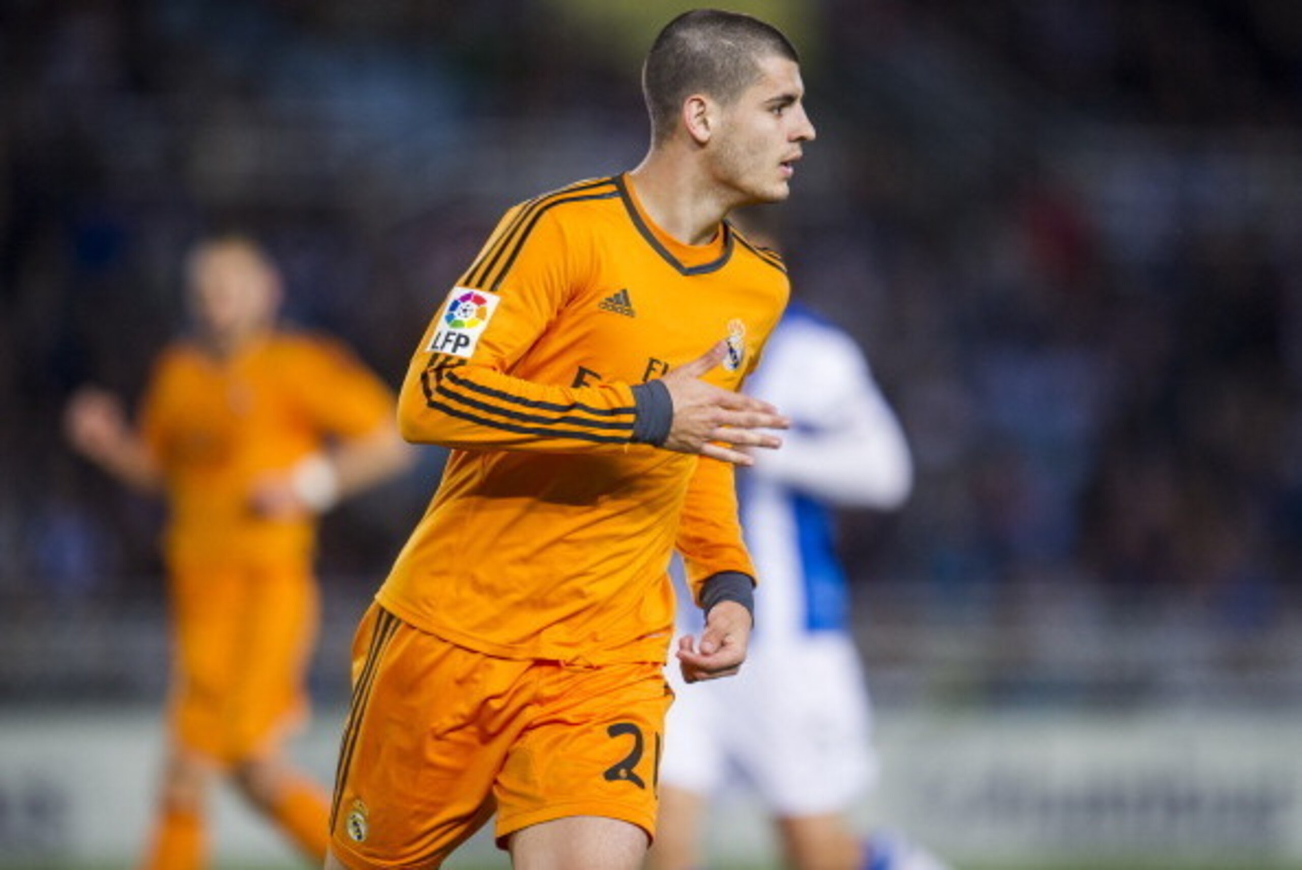 SAN SEBASTIAN, SPAIN - APRIL 05:  Alvaro Morata of Real Madrid celebrates after scoring during the La Liga match between Real Sociedad and Real Madrid CF at Estadio Anoeta on April 5, 2014 in San Sebastian, Spain.  (Photo by Juan Manuel Serrano Arce/Getty