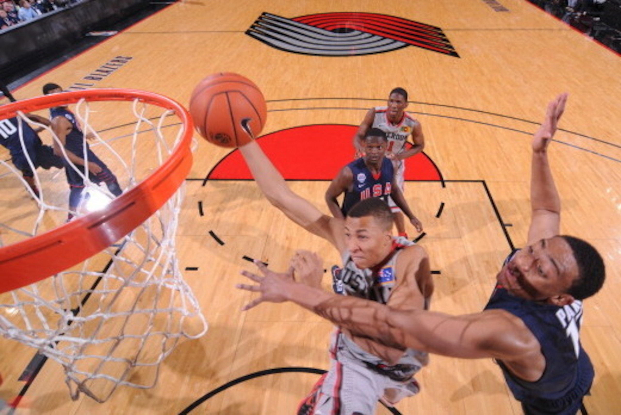 PORTLAND, OR - APRIL 20: Dante Exum #7 of the World Select Team shoots against the USA Junior Select Team during the game on April 20, 2013 at the Rose Garden Arena in Portland, Oregon.  NOTE TO USER: User expressly acknowledges and agrees that, by downlo