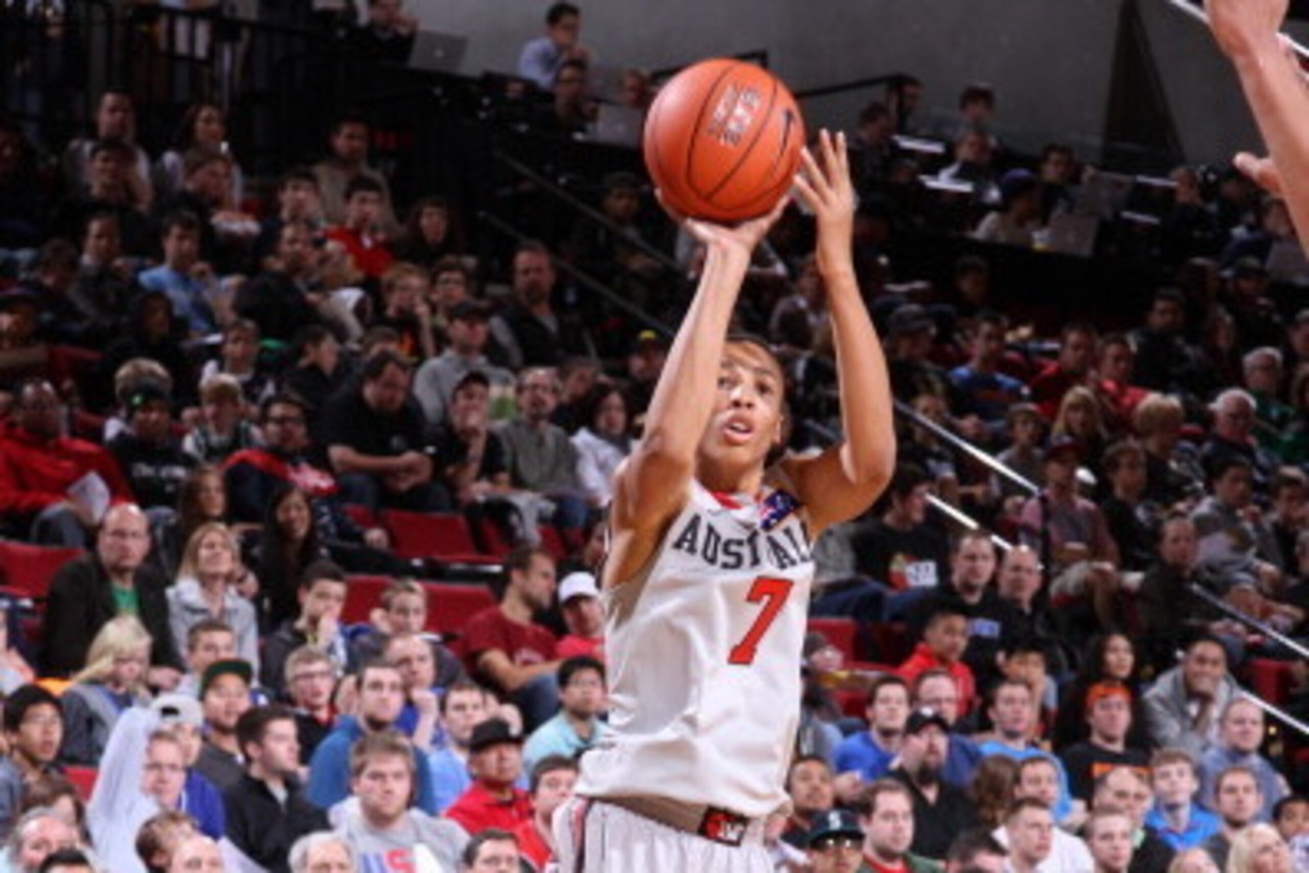 PORTLAND, OR - APRIL 20: Dante Exum #7 of the World Select Team shoots a three pointer against USA Junior Select Team during the 2013 Nike Hoop Summit game on April 20, 2013 at the Rose Garden Arena in Portland, Oregon. NOTE TO USER: User expressly acknow
