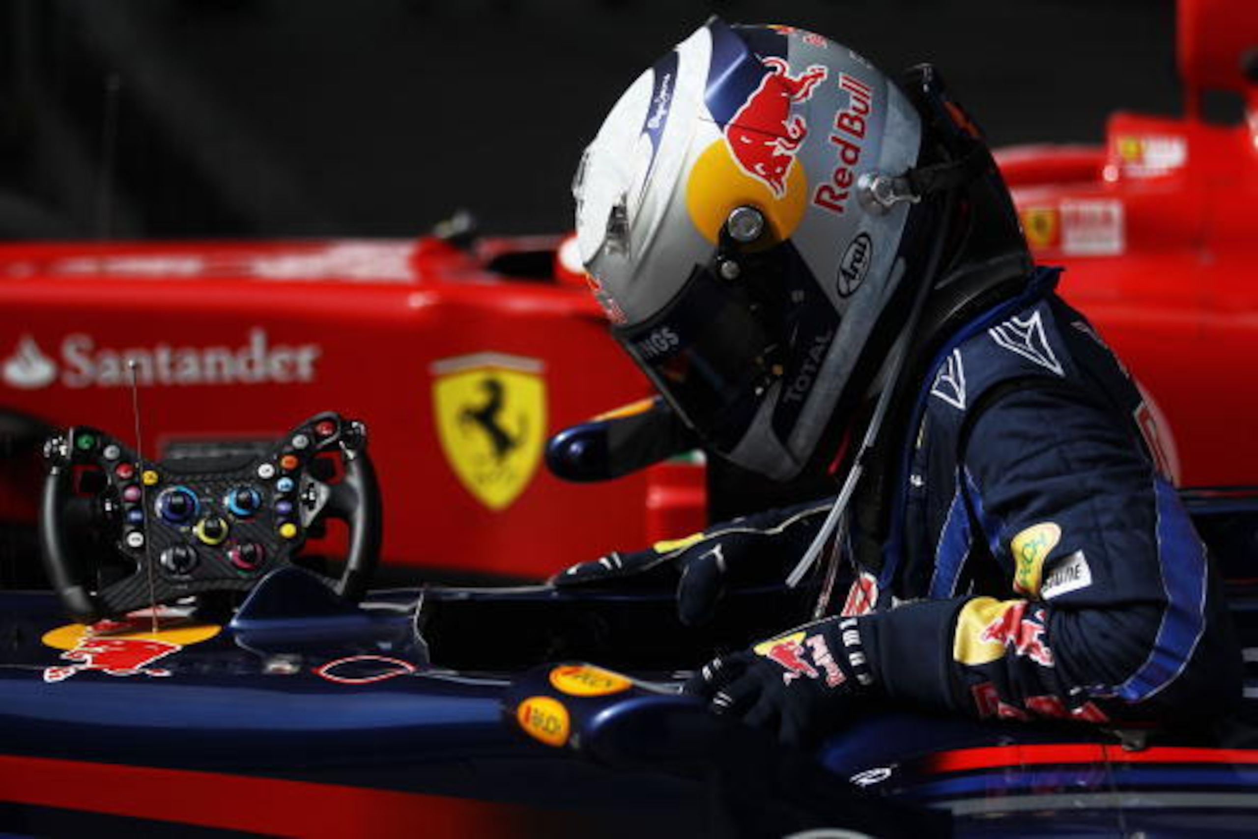 SHANGHAI, CHINA - APRIL 17:  Sebastian Vettel of Germany and Red Bull Racing is seen in parc ferme after finishing first during qualifying for the Chinese Formula One Grand Prix at the Shanghai International Circuit on April 17, 2010 in Shanghai, China.  