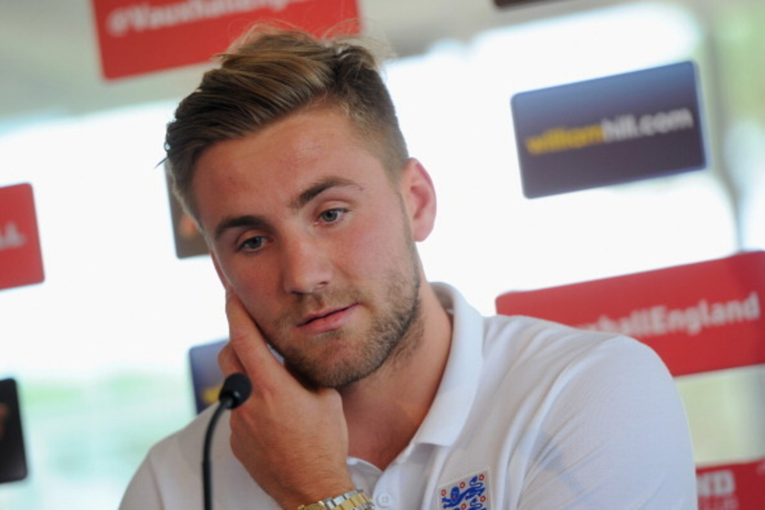 LAGOA, ALGARVE, PORTUGAL - MAY 21:  Luke Shaw speaks to the media after the England training session on May 21, 2014 in Lagoa, Algarve, Portugal.  (Photo by Michael Regan/Getty Images)